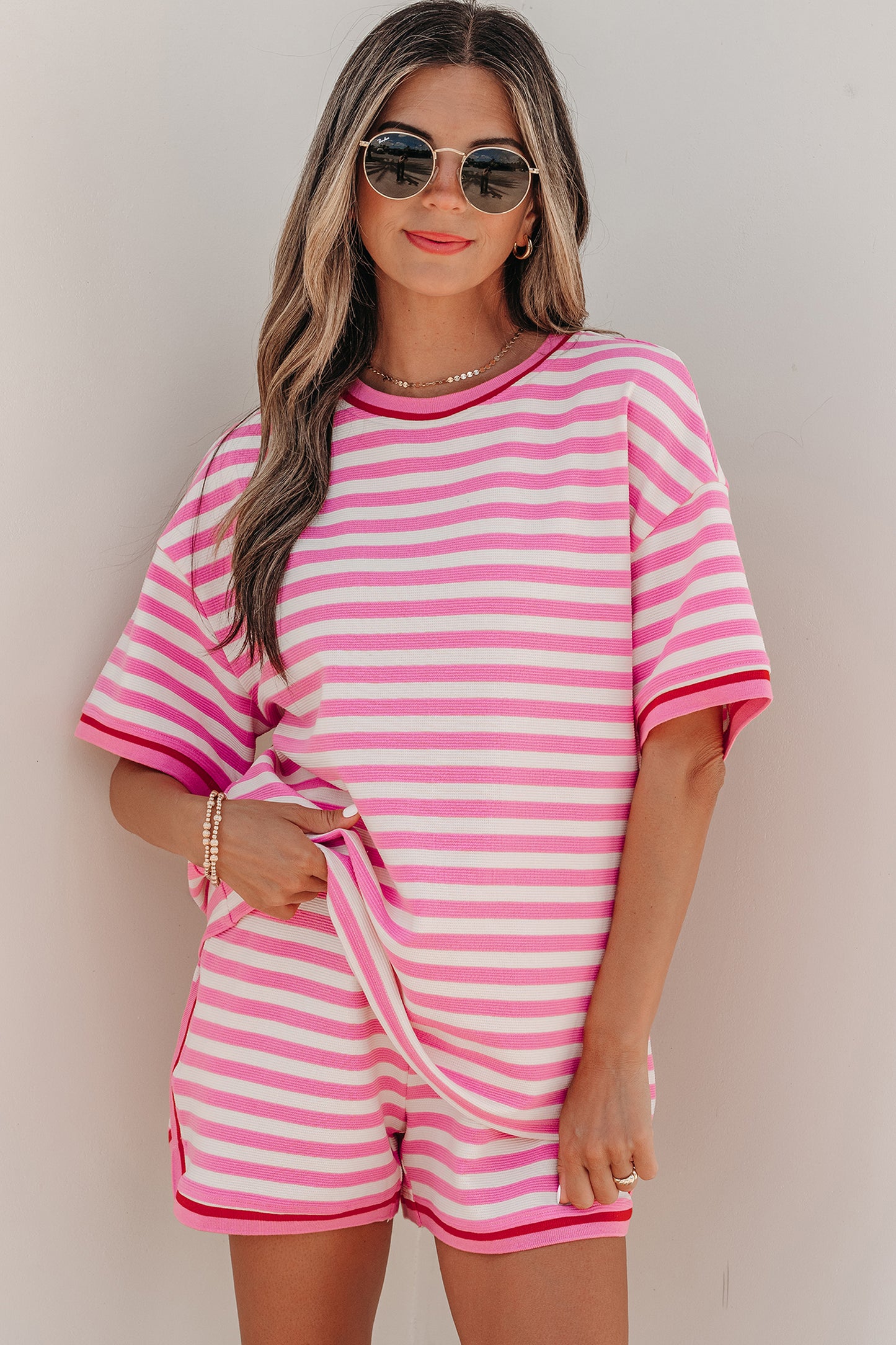Pink Stripe Contrast Trim Short Sleeve Top Loose Shorts 2pcs Casual Outfit-Two Piece Sets/Short Sets-[Adult]-[Female]-2022 Online Blue Zone Planet