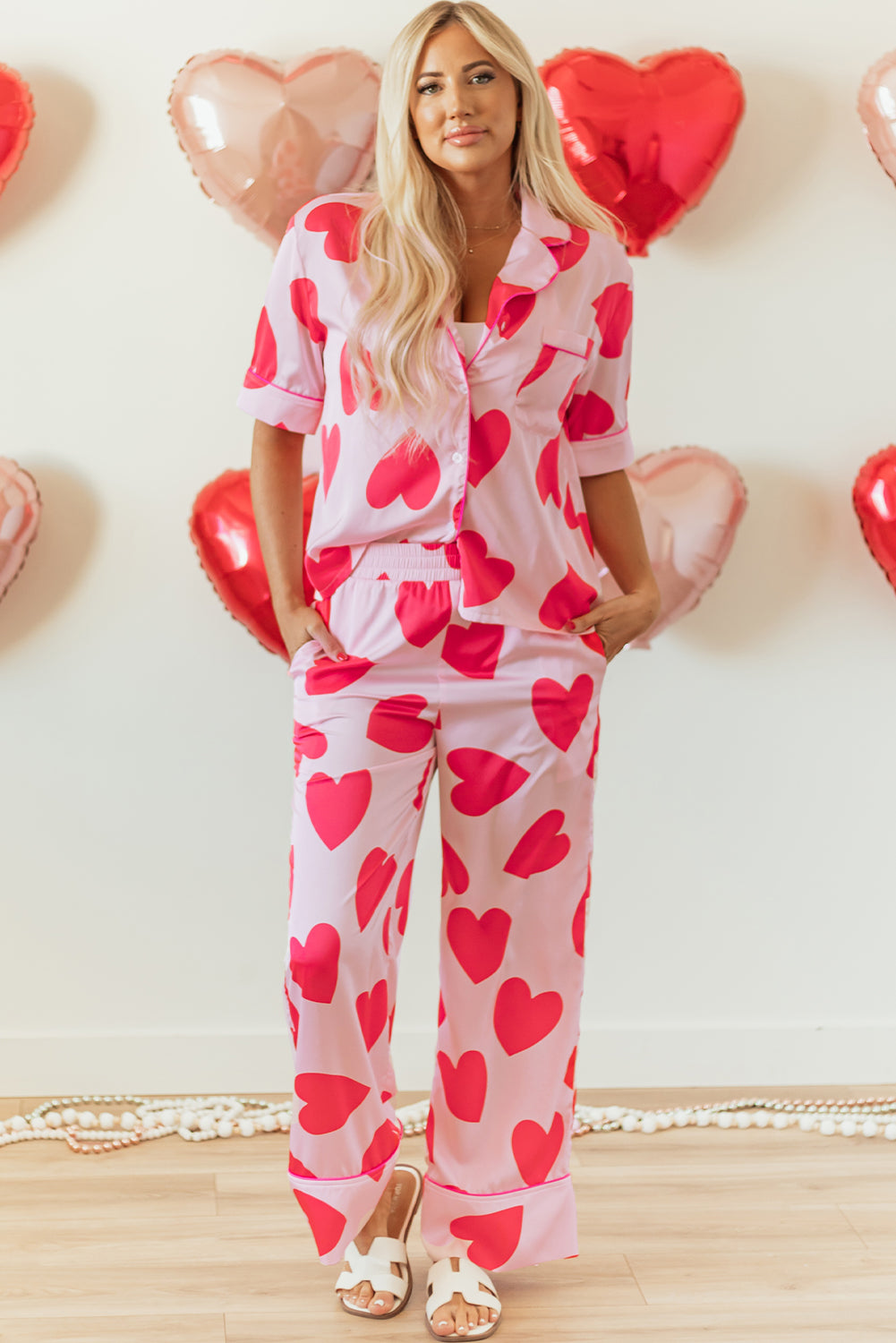 Blue Zone Planet | Pink Classic Heart Valentines Short Sleeve Pants Pajamas Set-Loungewear & Sleepwear/Sleepwear-[Adult]-[Female]-2022 Online Blue Zone Planet