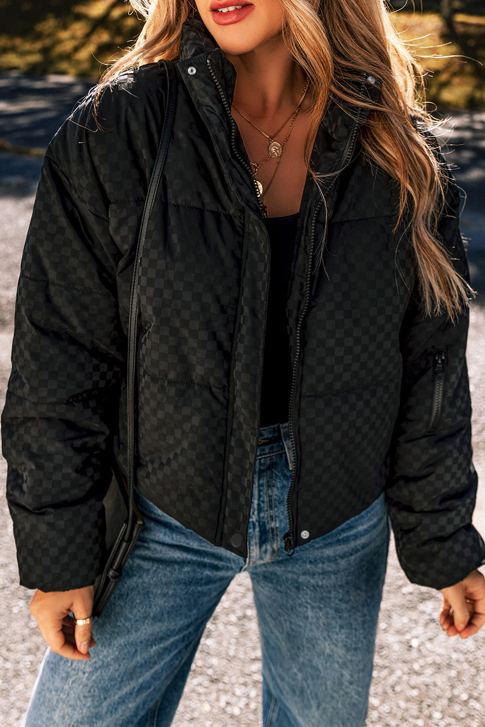 Blue Zone Planet | Black Checkerboard Full Zipper Puffer Jacket-Outerwear/Jackets-[Adult]-[Female]-Black-S-2022 Online Blue Zone Planet