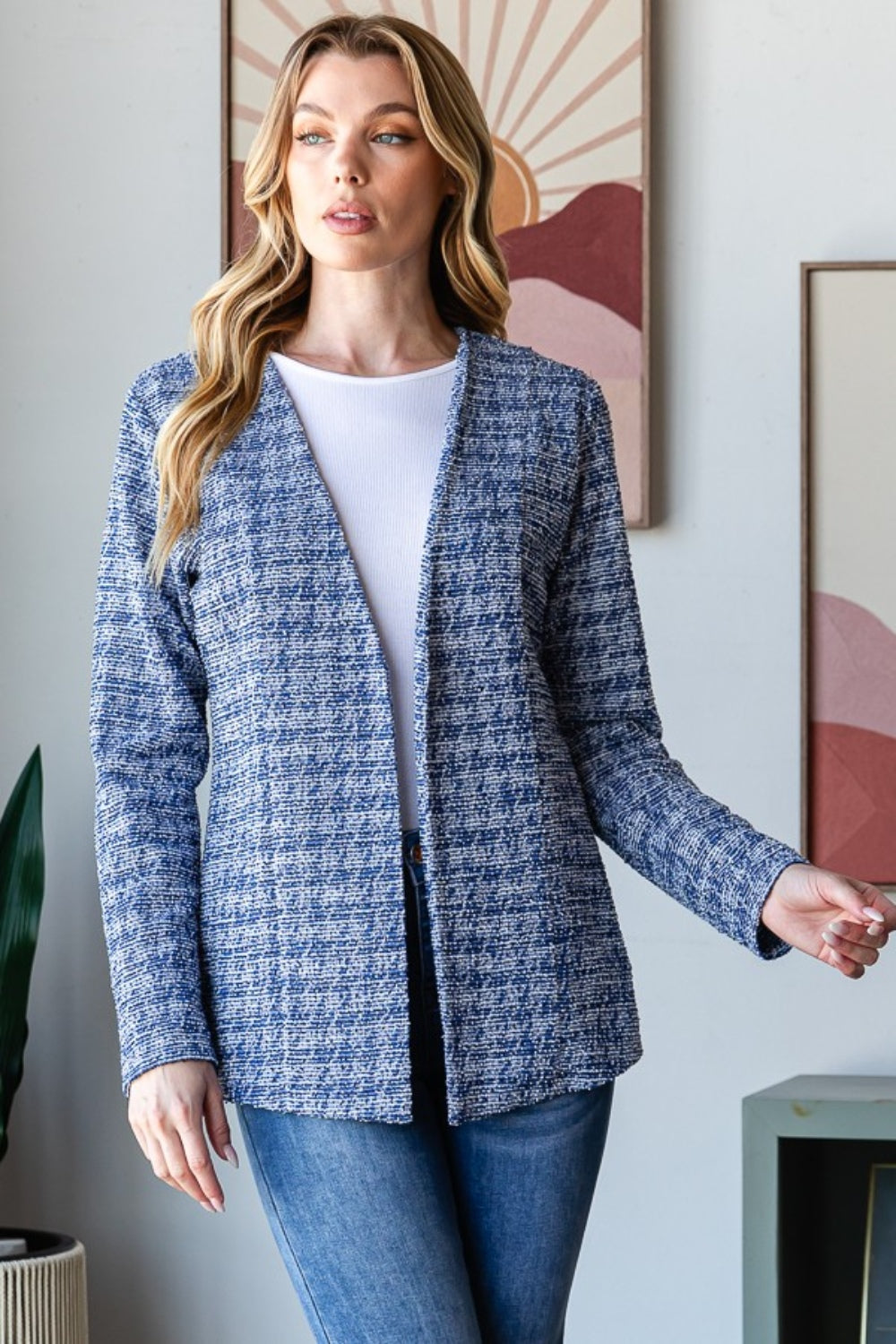 Blue Zone Planet | Heimish Full Size Houndstooth Tweed Open Front Blazer-TOPS / DRESSES-[Adult]-[Female]-2022 Online Blue Zone Planet