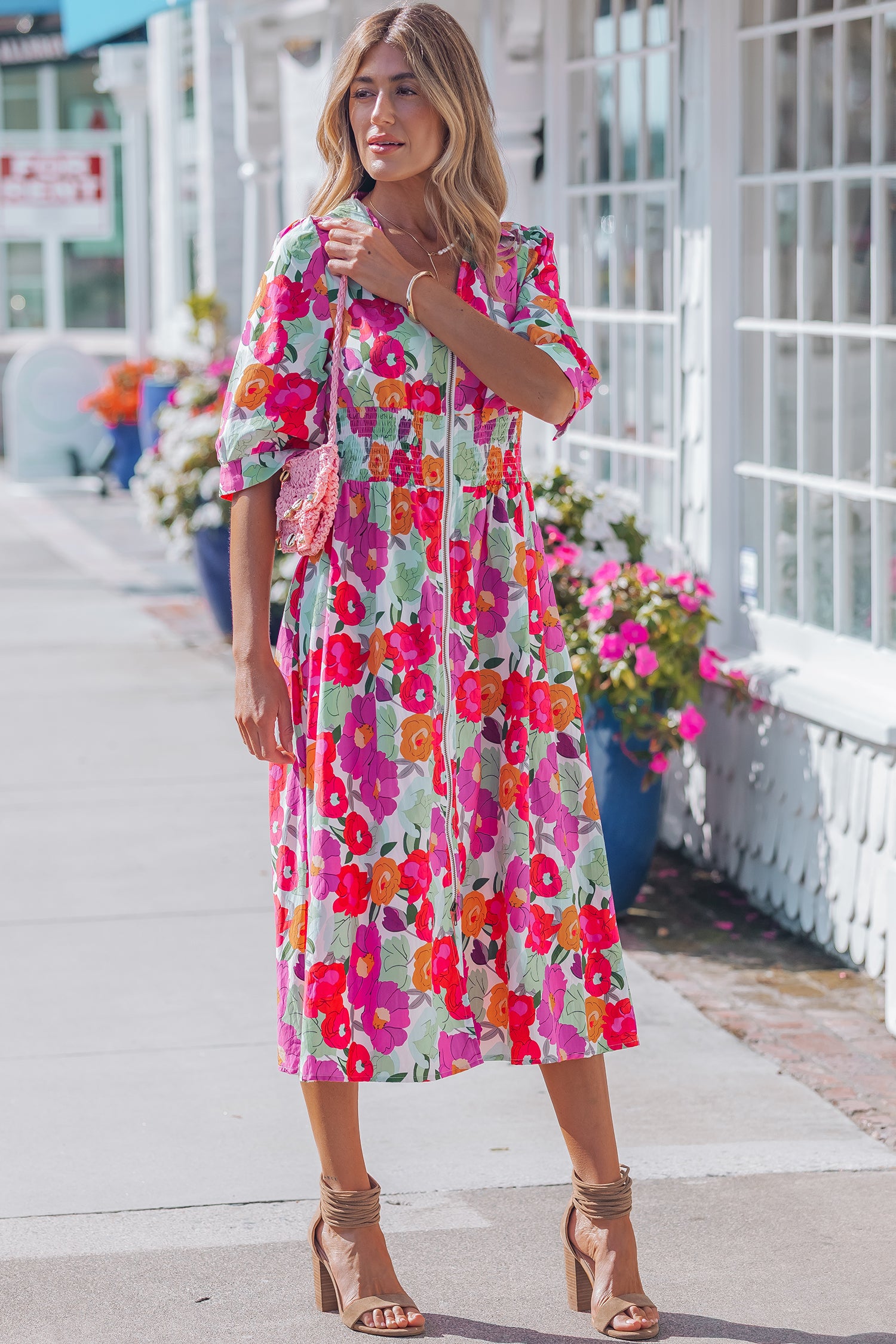 Rose Vibrant Floral Print V Neck Zip Up Puffy Half Sleeve Dress-Dresses/Floral Dresses-[Adult]-[Female]-2022 Online Blue Zone Planet