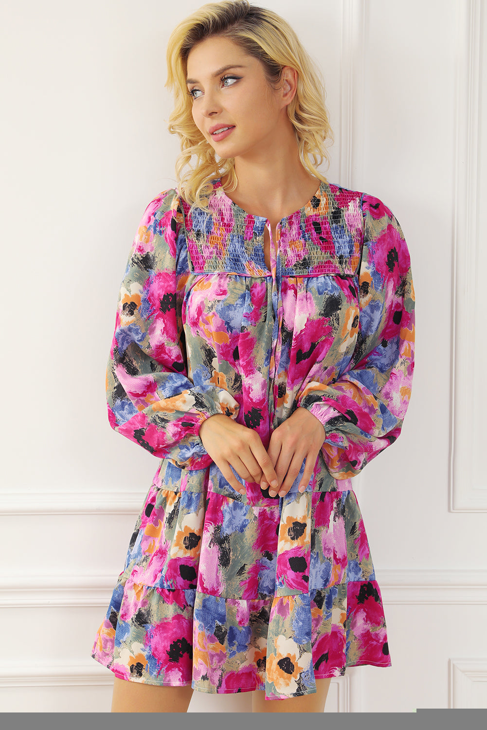 Blue Zone Planet | Multicolour Floral Tie Neck Bubble Sleeve Shift Dress-TOPS / DRESSES-[Adult]-[Female]-2022 Online Blue Zone Planet