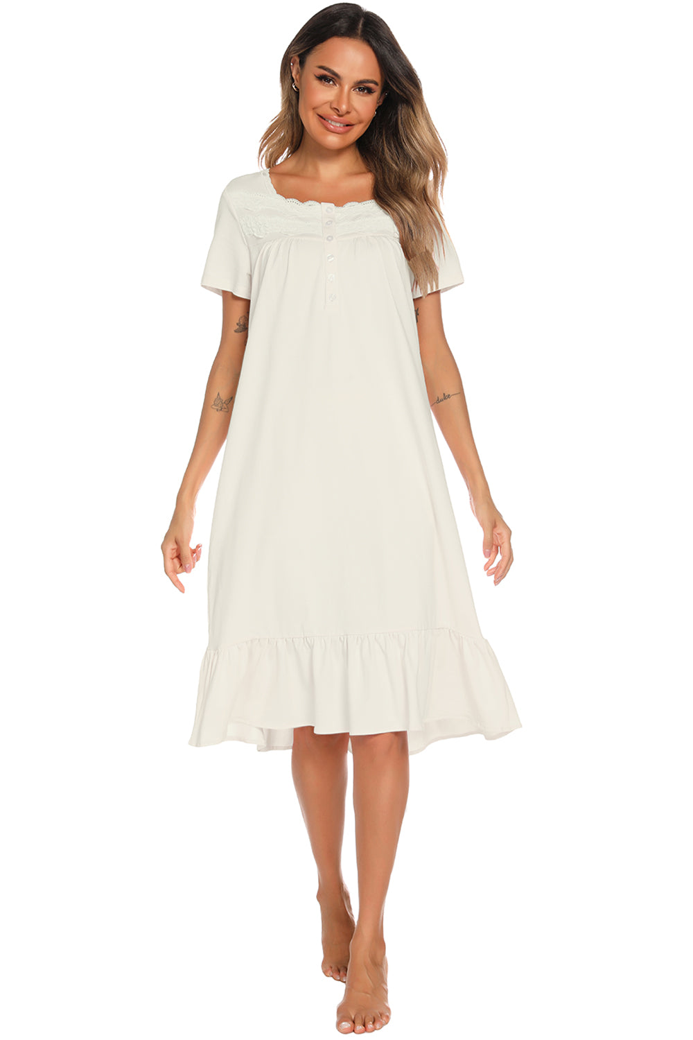 Blue Zone Planet | Lace Detail Square Neck Lounge Dress-TOPS / DRESSES-[Adult]-[Female]-2022 Online Blue Zone Planet