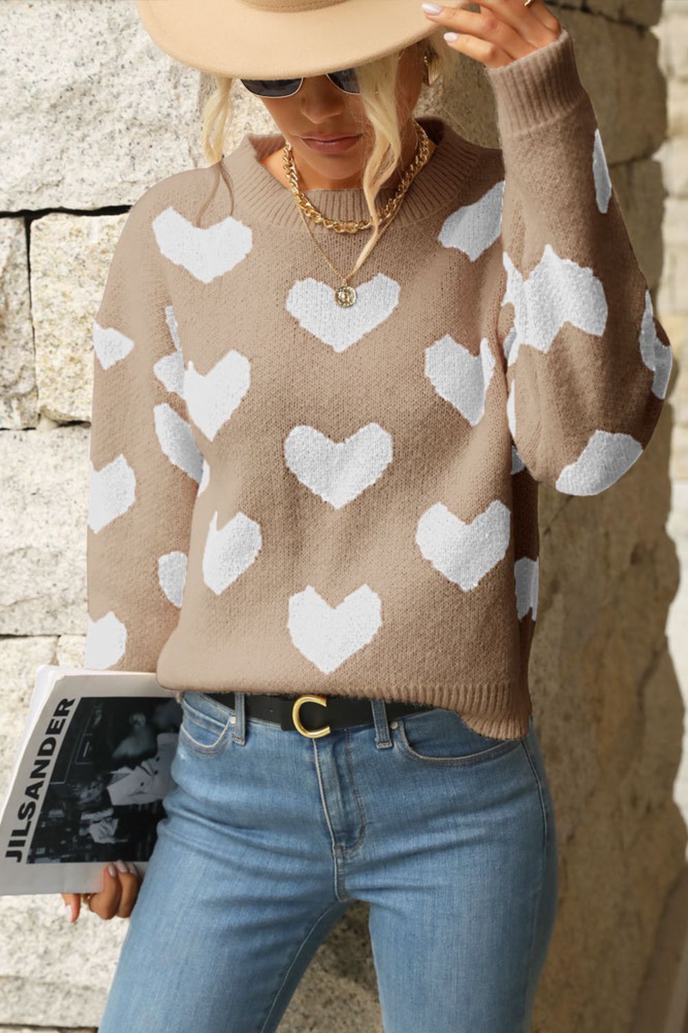 Blue Zone Planet | Heart Pattern Dropped Shoulder Sweater-TOPS / DRESSES-[Adult]-[Female]-Tan-S-2022 Online Blue Zone Planet