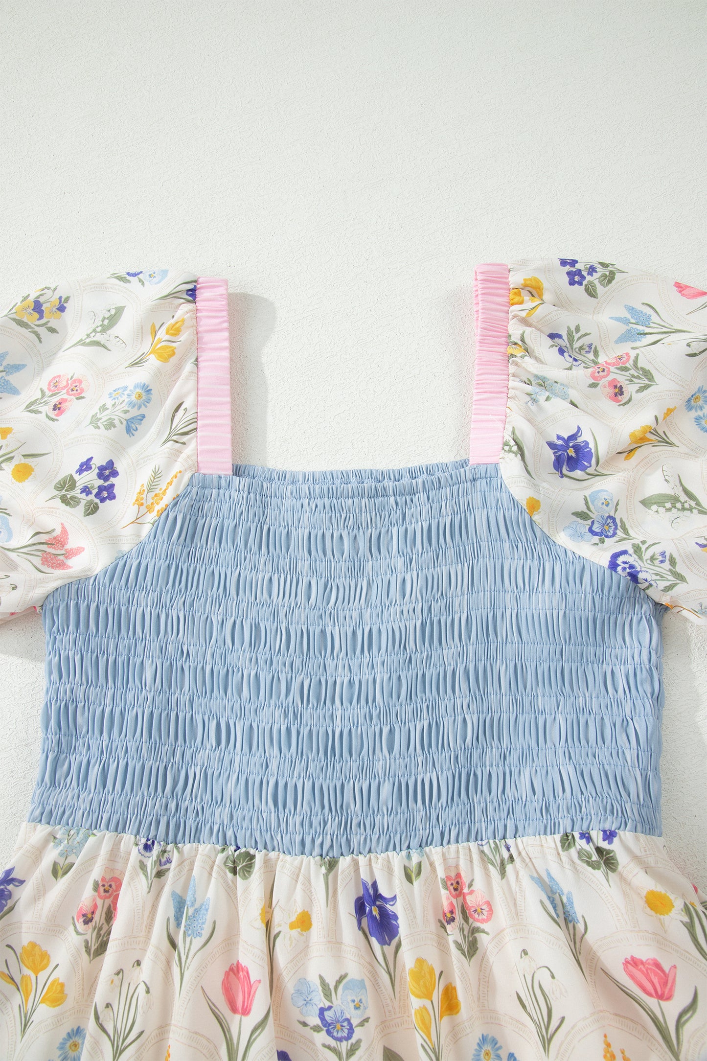 Multicolour Floral Print Striped Color Block Patchwork Square Neck Shirred Long Dress-TOPS / DRESSES-[Adult]-[Female]-2022 Online Blue Zone Planet