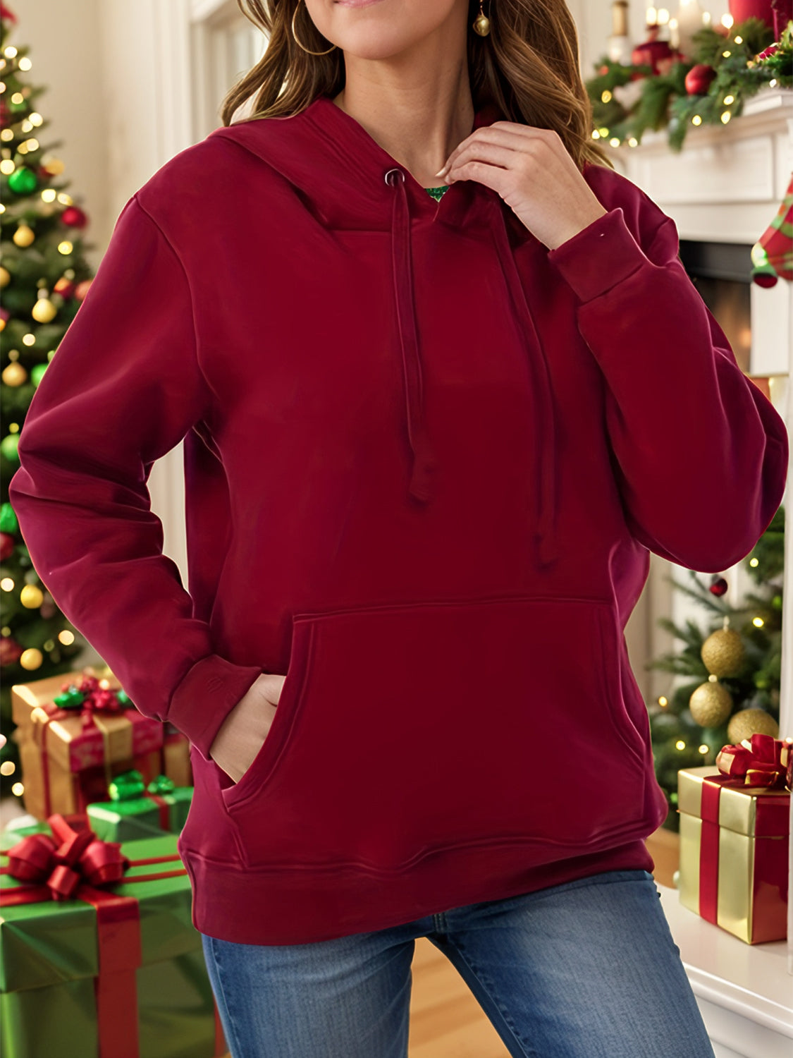 Drawstring Long Sleeve Hoodie with Kangaroo Pocket-TOPS / DRESSES-[Adult]-[Female]-Rust-S-2022 Online Blue Zone Planet