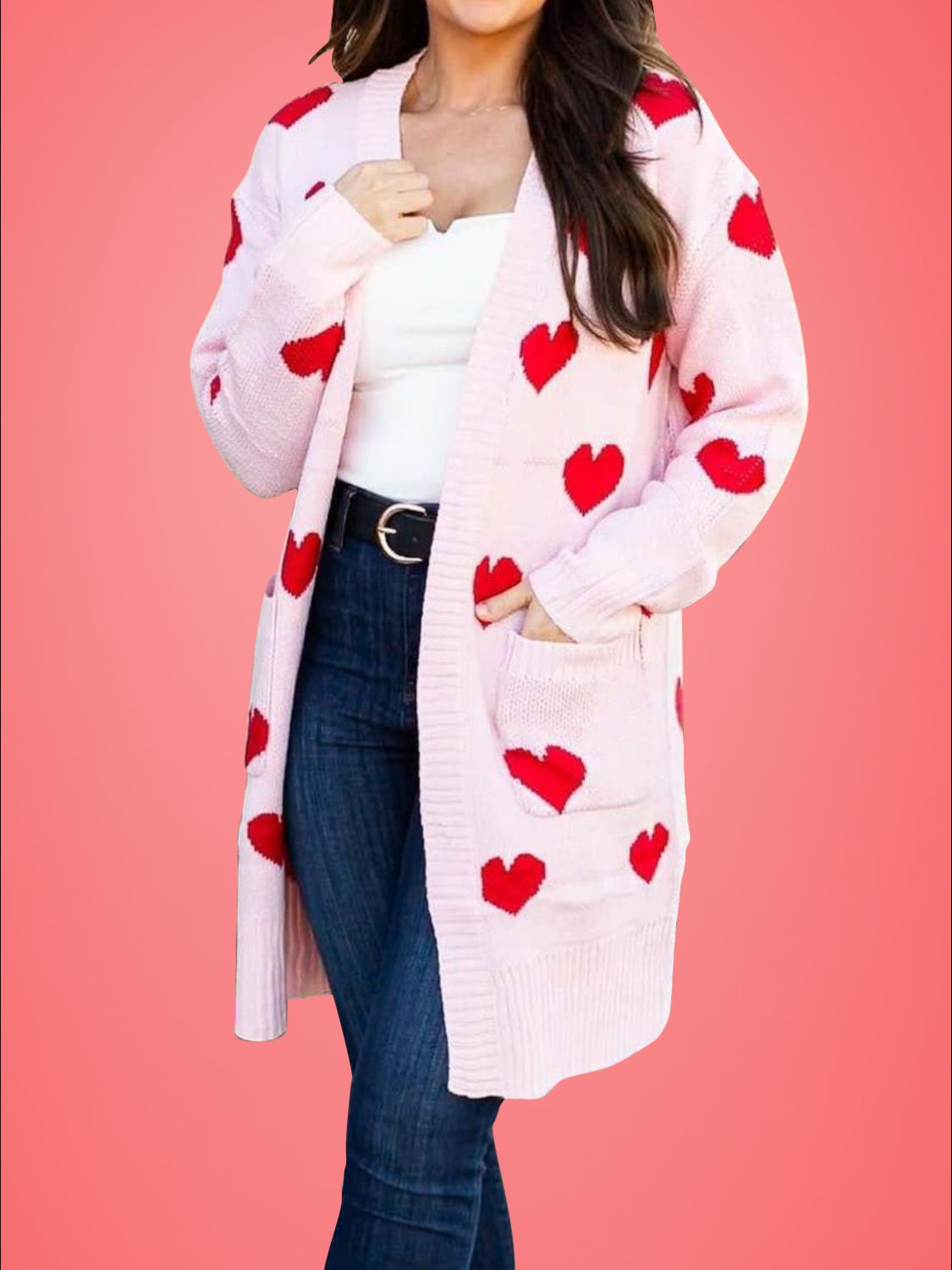 Heart Open Front Long Sleeve Cardigan-TOPS / DRESSES-[Adult]-[Female]-2022 Online Blue Zone Planet