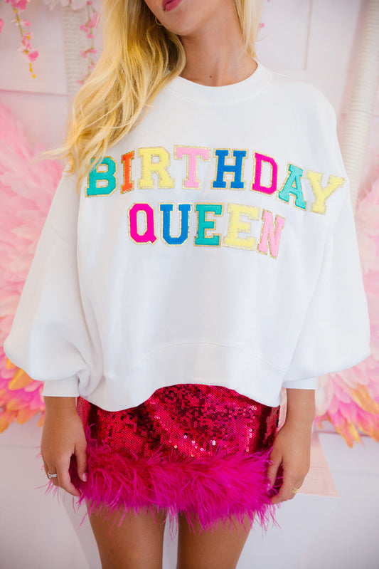 White BIRTHDAY QUEEN Graphic Balloon Sleeve Sweatshirt-Tops/Sweatshirts & Hoodies-[Adult]-[Female]-White-S-2022 Online Blue Zone Planet