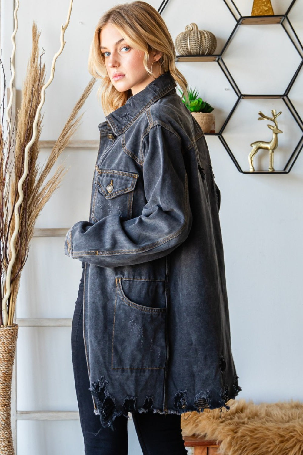 Veveret Button Up Distressed Frayed Hem Denim Jacket-TOPS / DRESSES-[Adult]-[Female]-2022 Online Blue Zone Planet