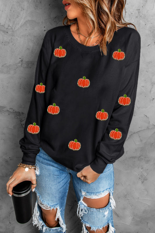 Pumpkin Round Neck Long Sleeve Sweatshirt-TOPS / DRESSES-[Adult]-[Female]-Black-S-2022 Online Blue Zone Planet