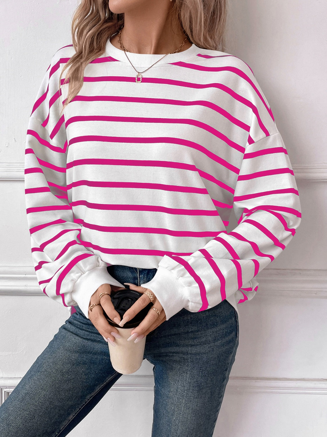 Blue Zone Planet | Lovelet Striped Round Neck Long Sleeve Sweatshirt-TOPS / DRESSES-[Adult]-[Female]-2022 Online Blue Zone Planet