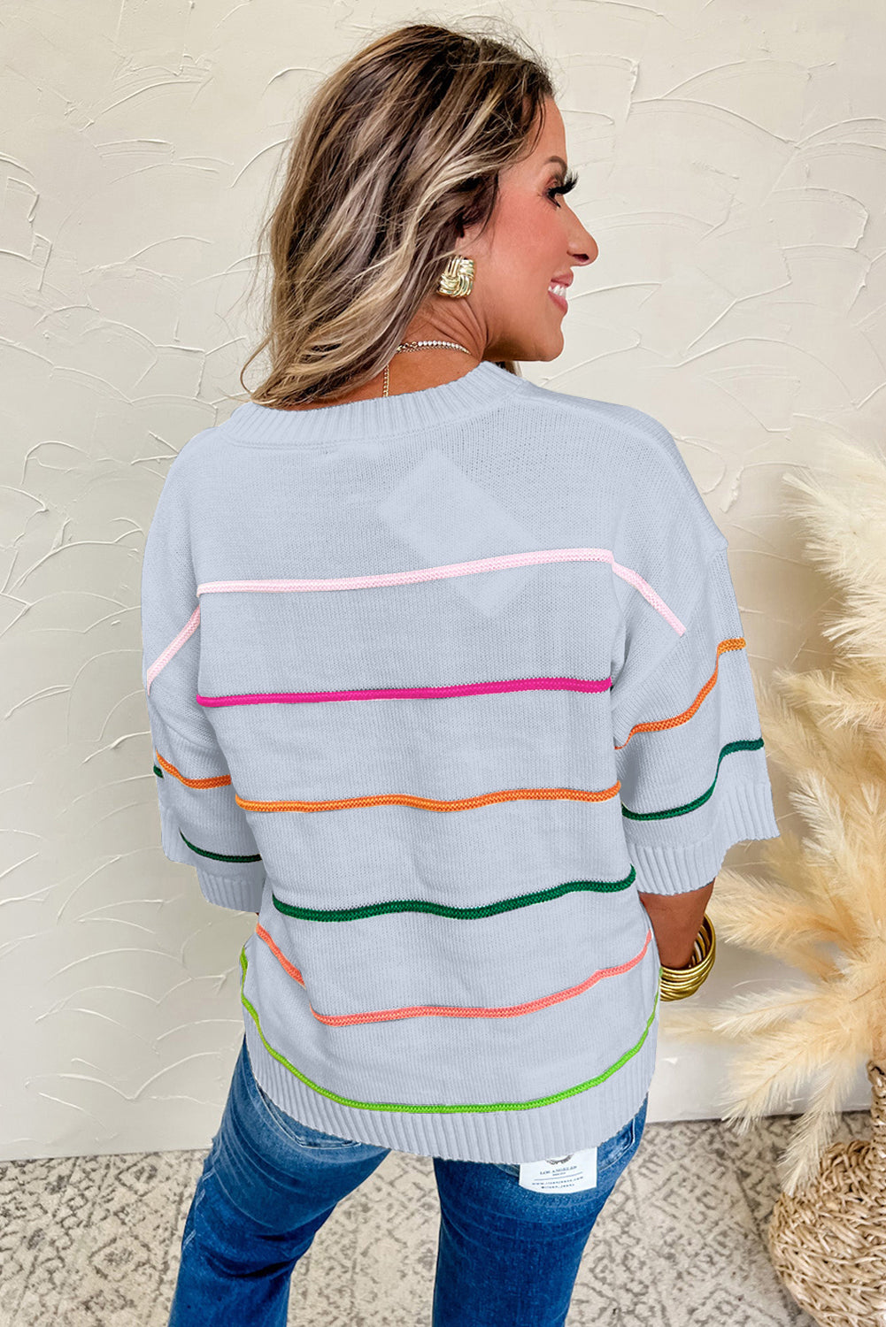 Beau Blue Colorblock Striped Half Sleeve Drop Shoulder Sweater-Sweaters & Cardigans/Short Sleeve Sweaters-[Adult]-[Female]-2022 Online Blue Zone Planet