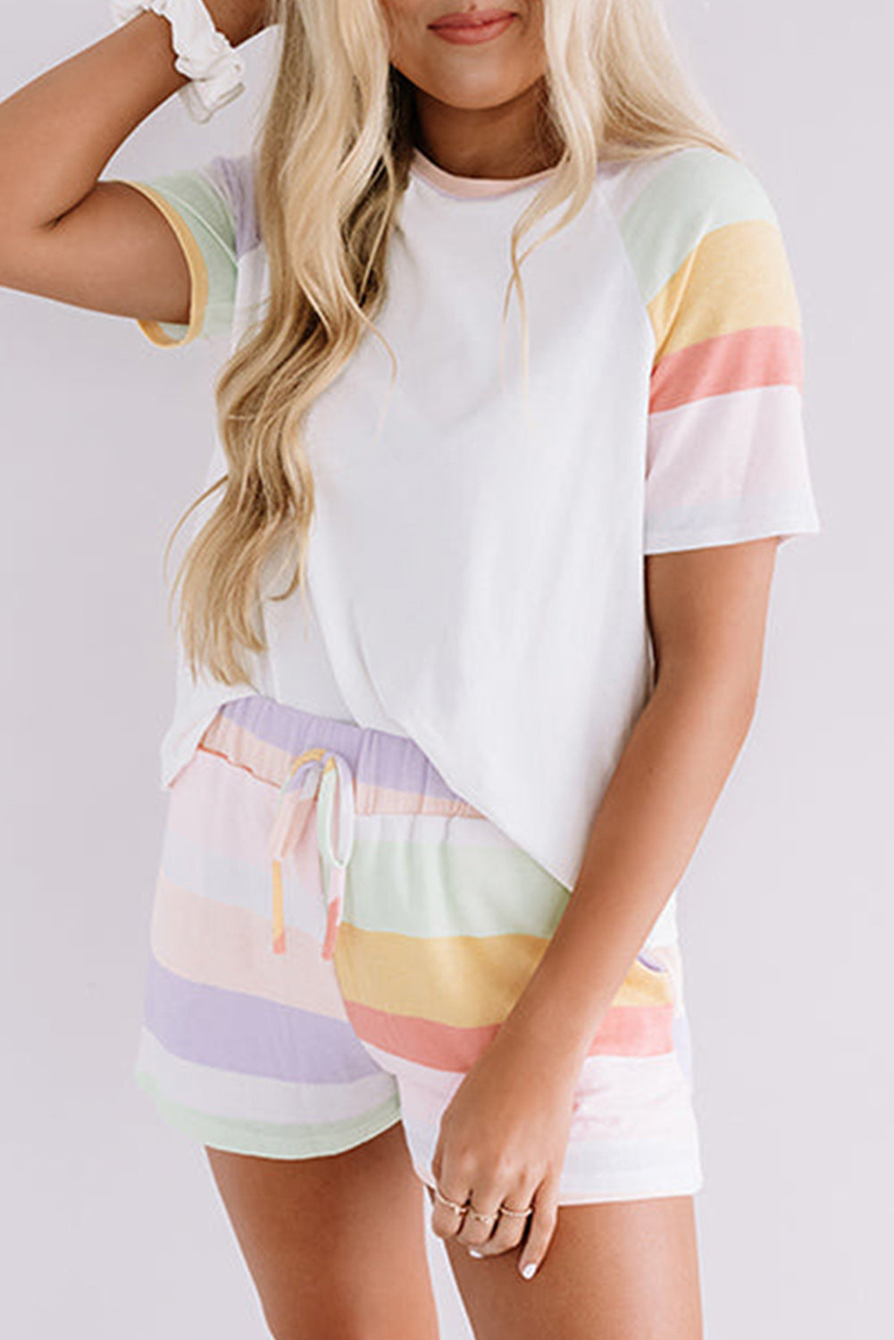 White Rainbow Striped T Shirt and Shorts Set-Two Piece Sets/Short Sets-[Adult]-[Female]-White-S-2022 Online Blue Zone Planet