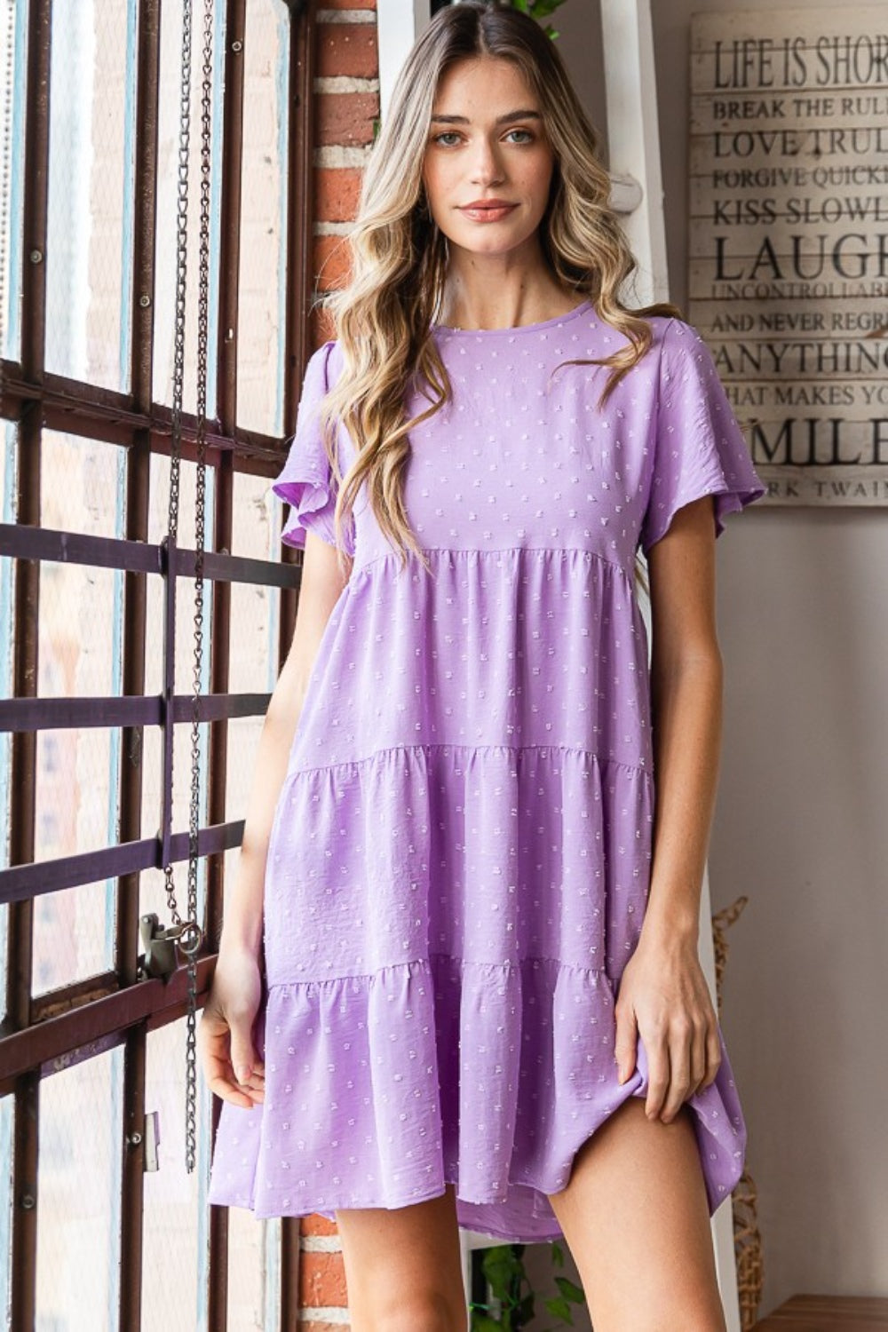 Heimish Full Size Swiss Dot Short Sleeve Tiered Dress by Blue Zone Planet