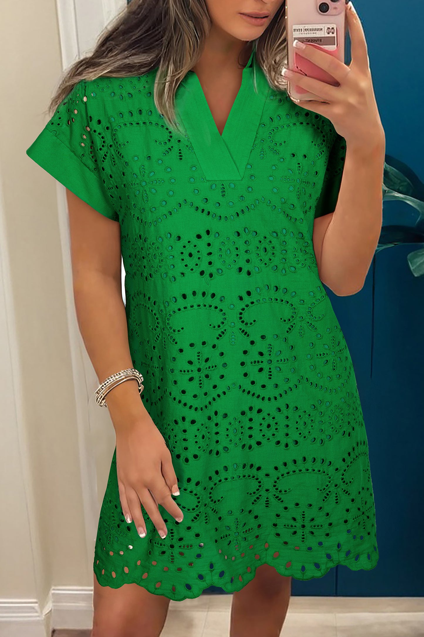Green Solid Color Eyelet Embroidered T Shirt Mini Dress-Dresses/Mini Dresses-[Adult]-[Female]-Green-S-2022 Online Blue Zone Planet