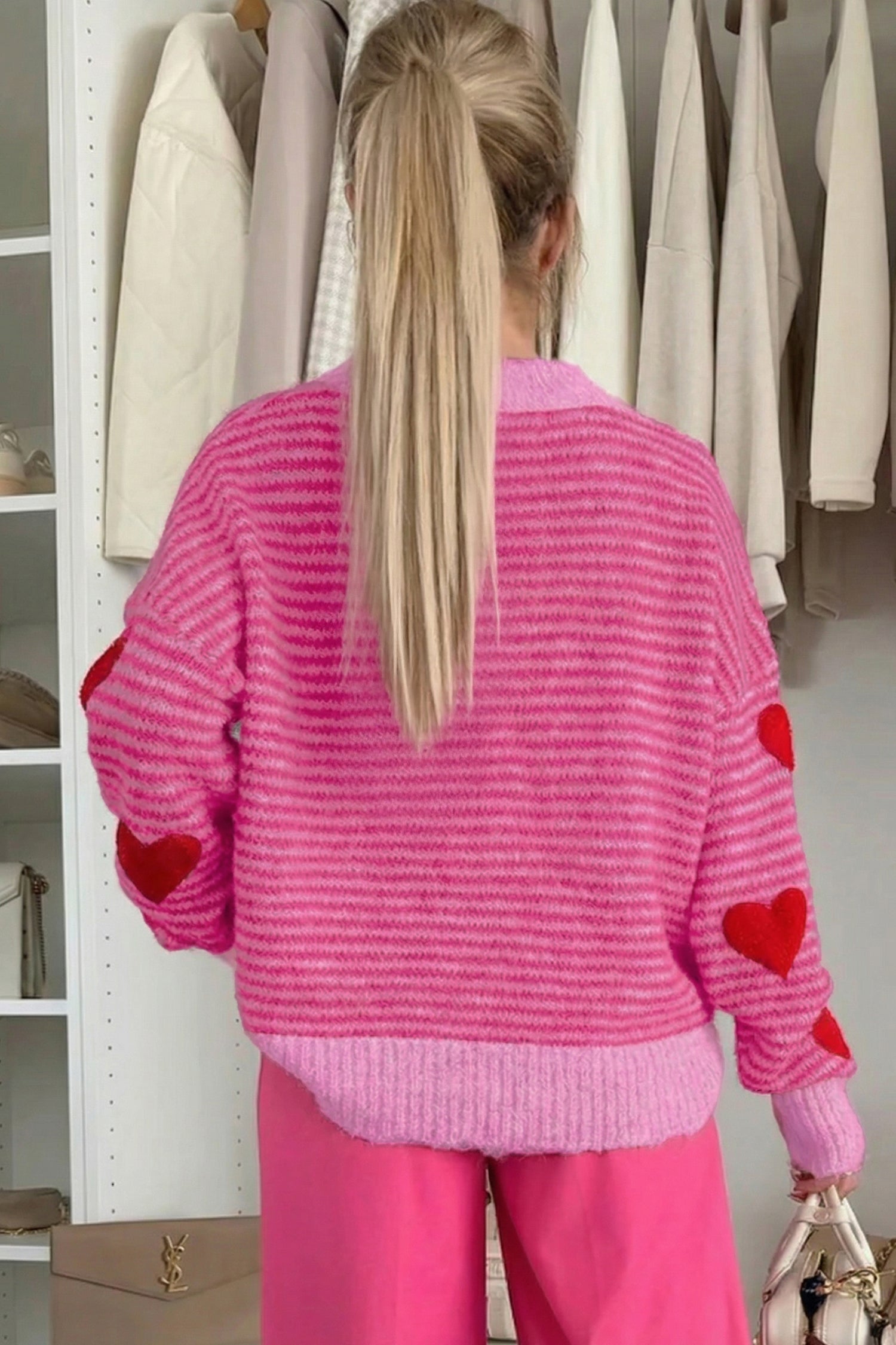 Rose Stripe Contrast Heart Pattern Valentine Knit Sweater-TOPS / DRESSES-[Adult]-[Female]-2022 Online Blue Zone Planet