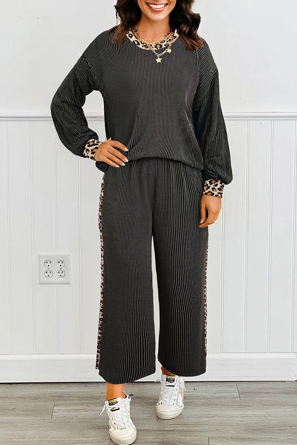 Carbon Grey Twisted Rib Texture Leopard Patchwork Detail 2pcs Pant Set-Two Piece Sets/Pant Sets-[Adult]-[Female]-2022 Online Blue Zone Planet