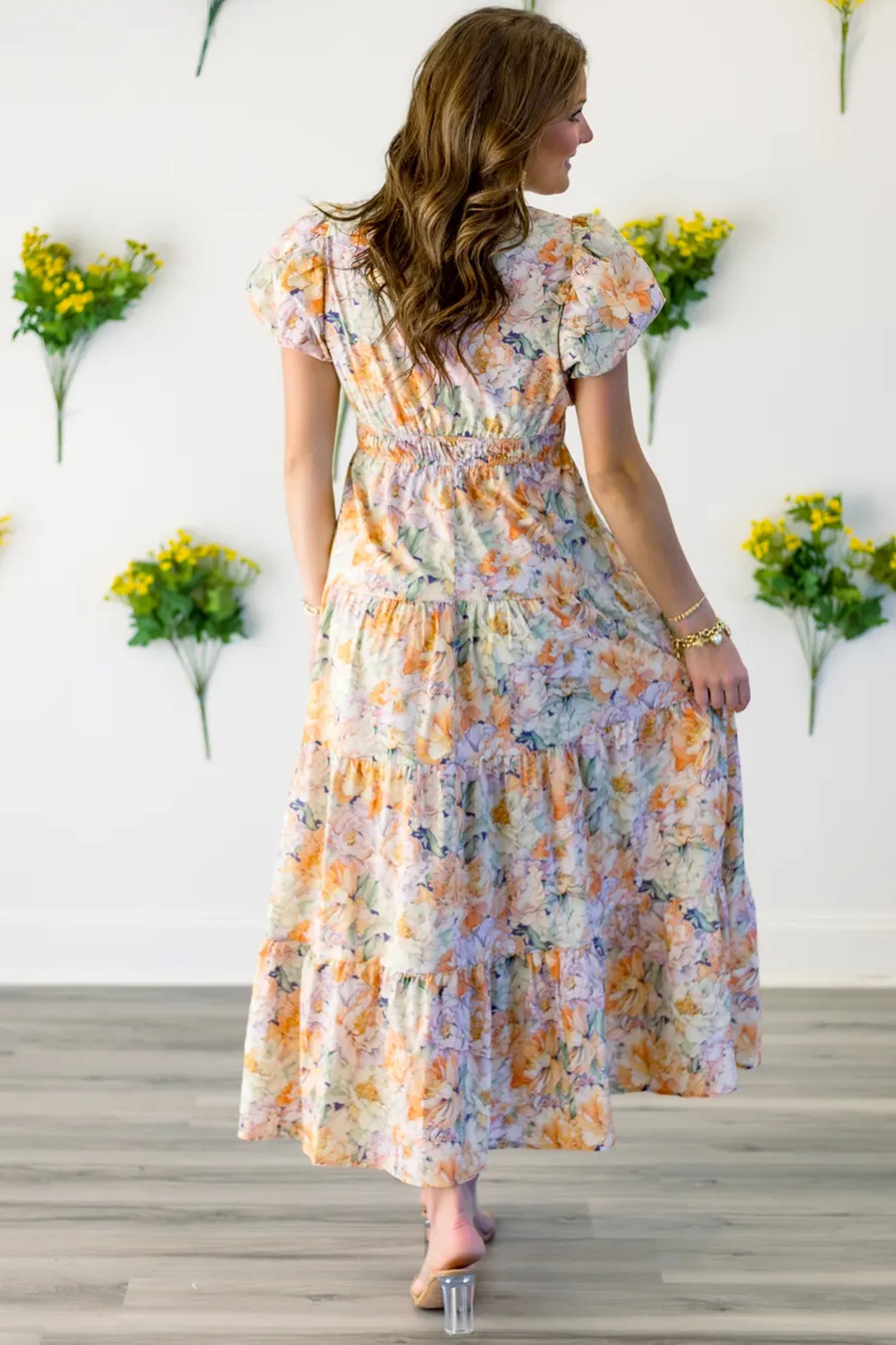 Orange Floral Bubble Sleeve V Neck Flared Maxi Dress-Dresses/Floral Dresses-[Adult]-[Female]-2022 Online Blue Zone Planet