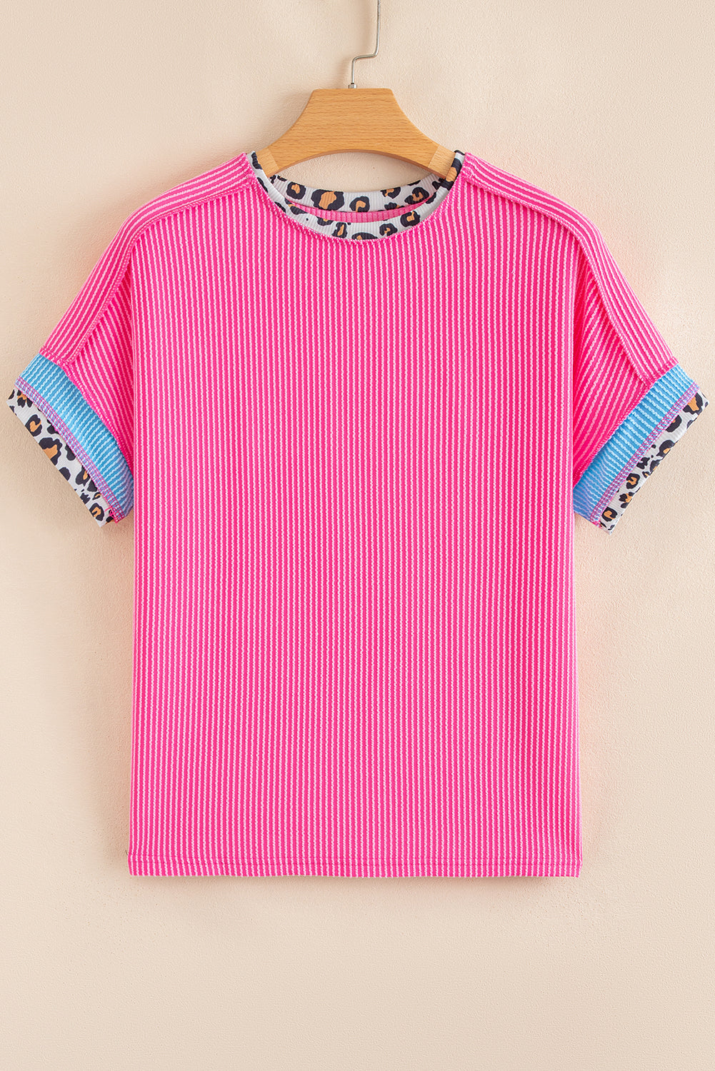 Bonbon Leopard Patchwork Corded Knit Crew Neck T Shirt-Tops/Tops & Tees-[Adult]-[Female]-2022 Online Blue Zone Planet