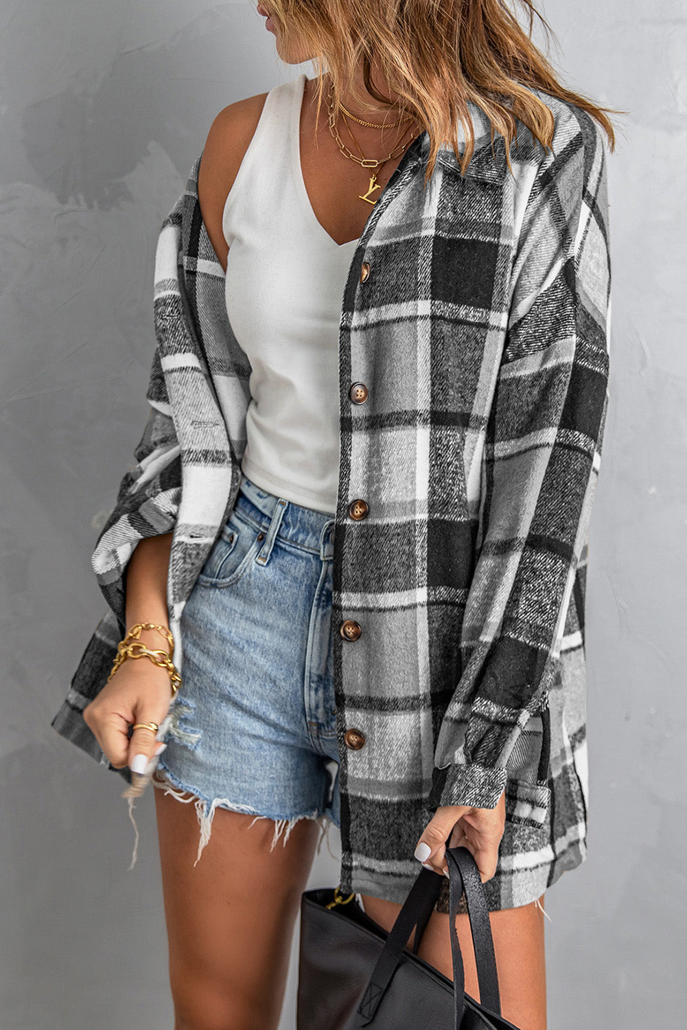 Plaid Print Buttoned Shirt Jacket-Outerwear/Plaid Shackets-[Adult]-[Female]-2022 Online Blue Zone Planet