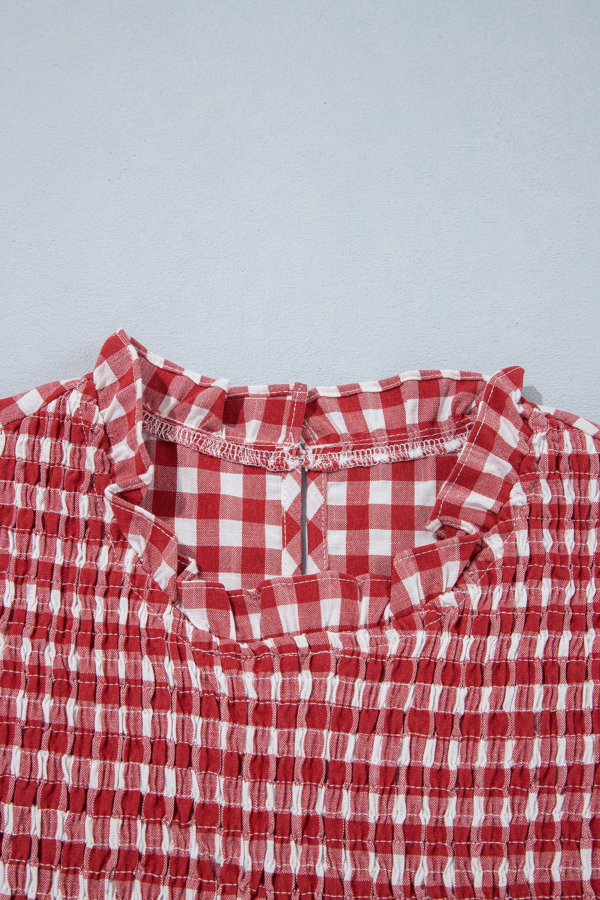 Red 3/4 Sleeve Shirred Plaid Peplum Top-Tops/Blouses & Shirts-[Adult]-[Female]-2022 Online Blue Zone Planet