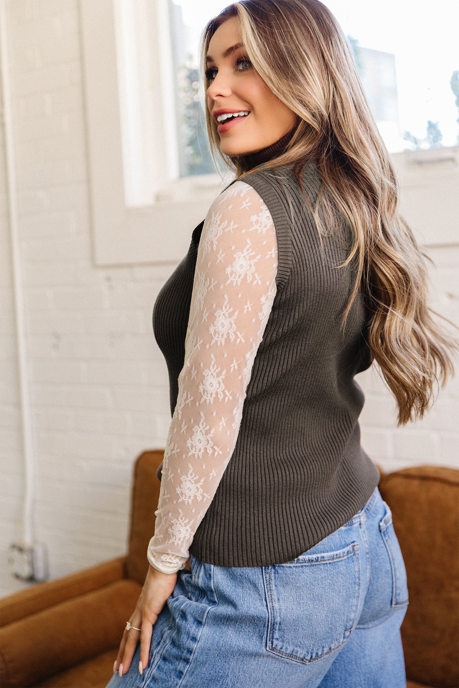 Chicory Coffee Western Ribbed Knit High Neck Sleeveless Waist Slim Fit Sweater Vest-Sweaters & Cardigans/Sweater Vests-[Adult]-[Female]-2022 Online Blue Zone Planet