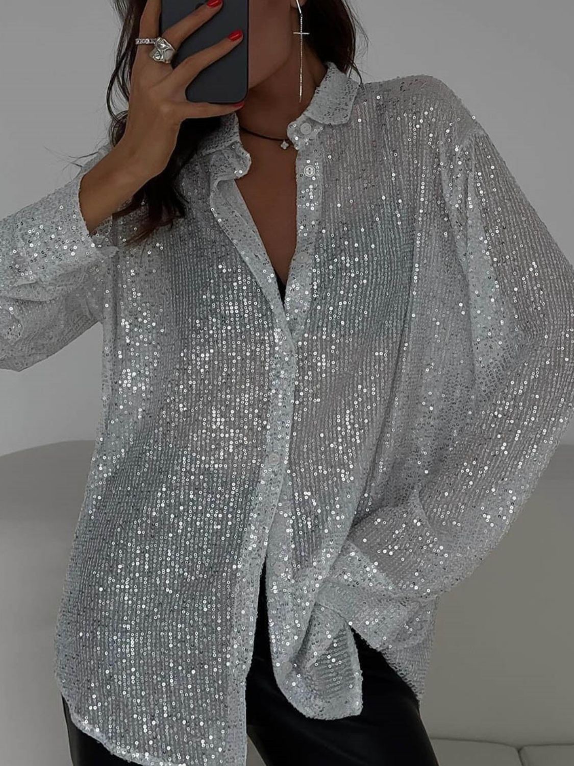 Sequin Button Up Long Sleeve Shirt-TOPS / DRESSES-[Adult]-[Female]-2022 Online Blue Zone Planet