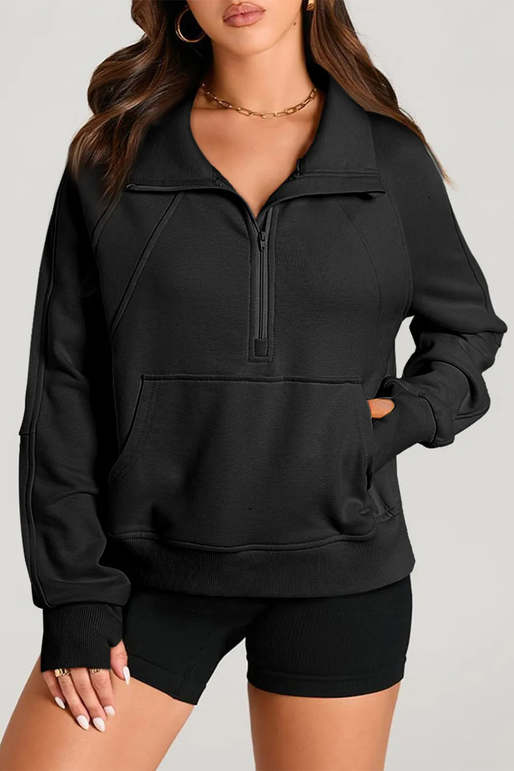 Half Zip Long Sleeve Sweatshirt-TOPS / DRESSES-[Adult]-[Female]-Black-S-2022 Online Blue Zone Planet