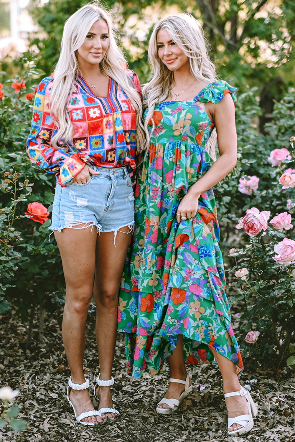 Blue Zone Planet |  Green Floral Print Sleeveless Ruffle Tiered Maxi Dress Blue Zone Planet