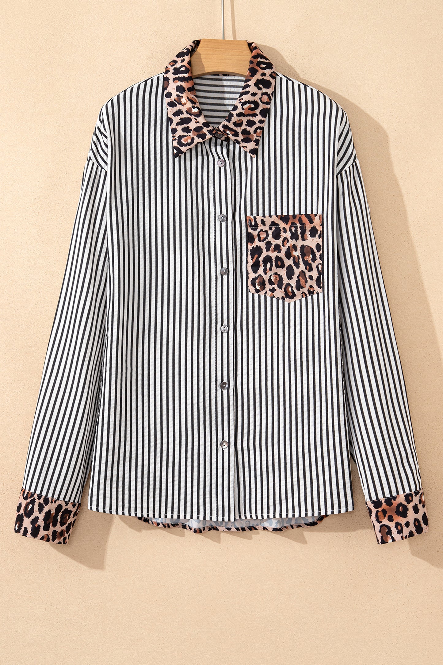 Black Striped Leopard Print Patchwork Button Up Womens Shirt-Tops/Blouses & Shirts-[Adult]-[Female]-2022 Online Blue Zone Planet