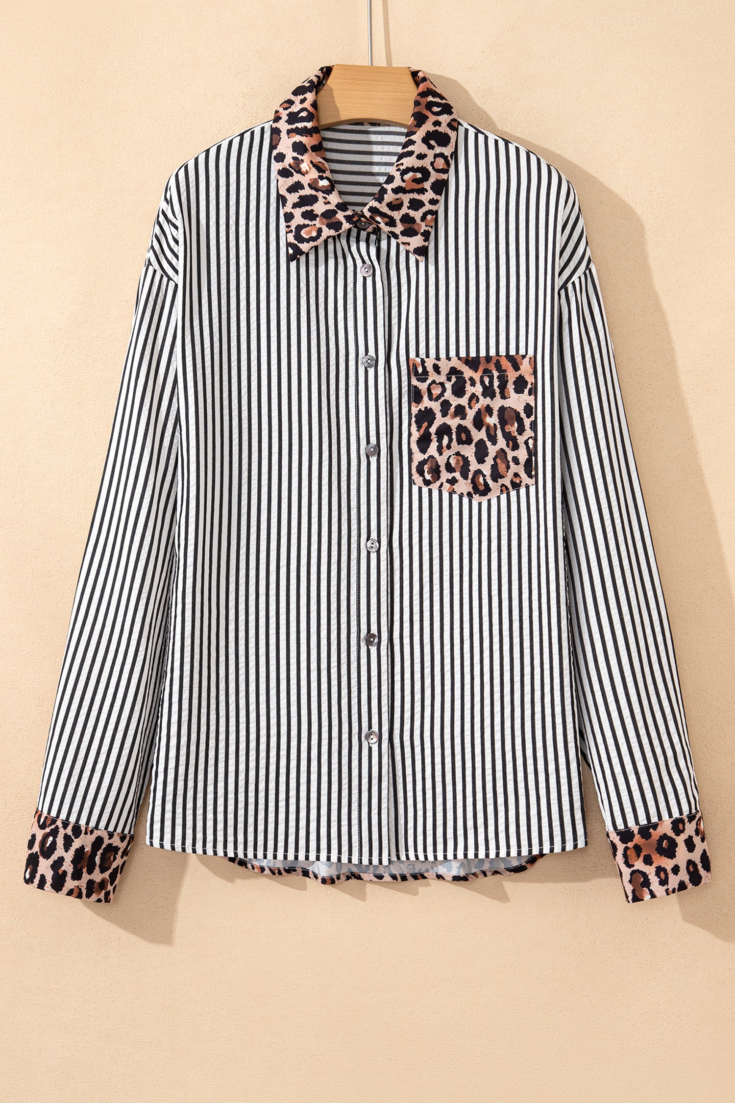 Black Striped Leopard Print Patchwork Button Up Womens Shirt-Tops/Blouses & Shirts-[Adult]-[Female]-2022 Online Blue Zone Planet