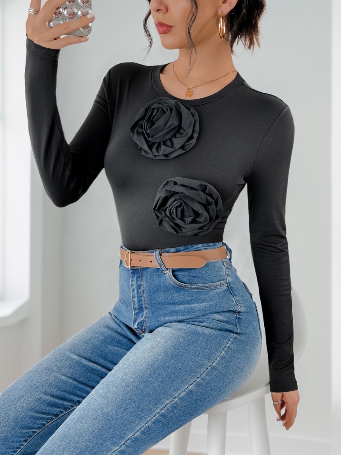 Perfee Flower Round Neck Long Sleeve Bodysuit-TOPS / DRESSES-[Adult]-[Female]-2022 Online Blue Zone Planet