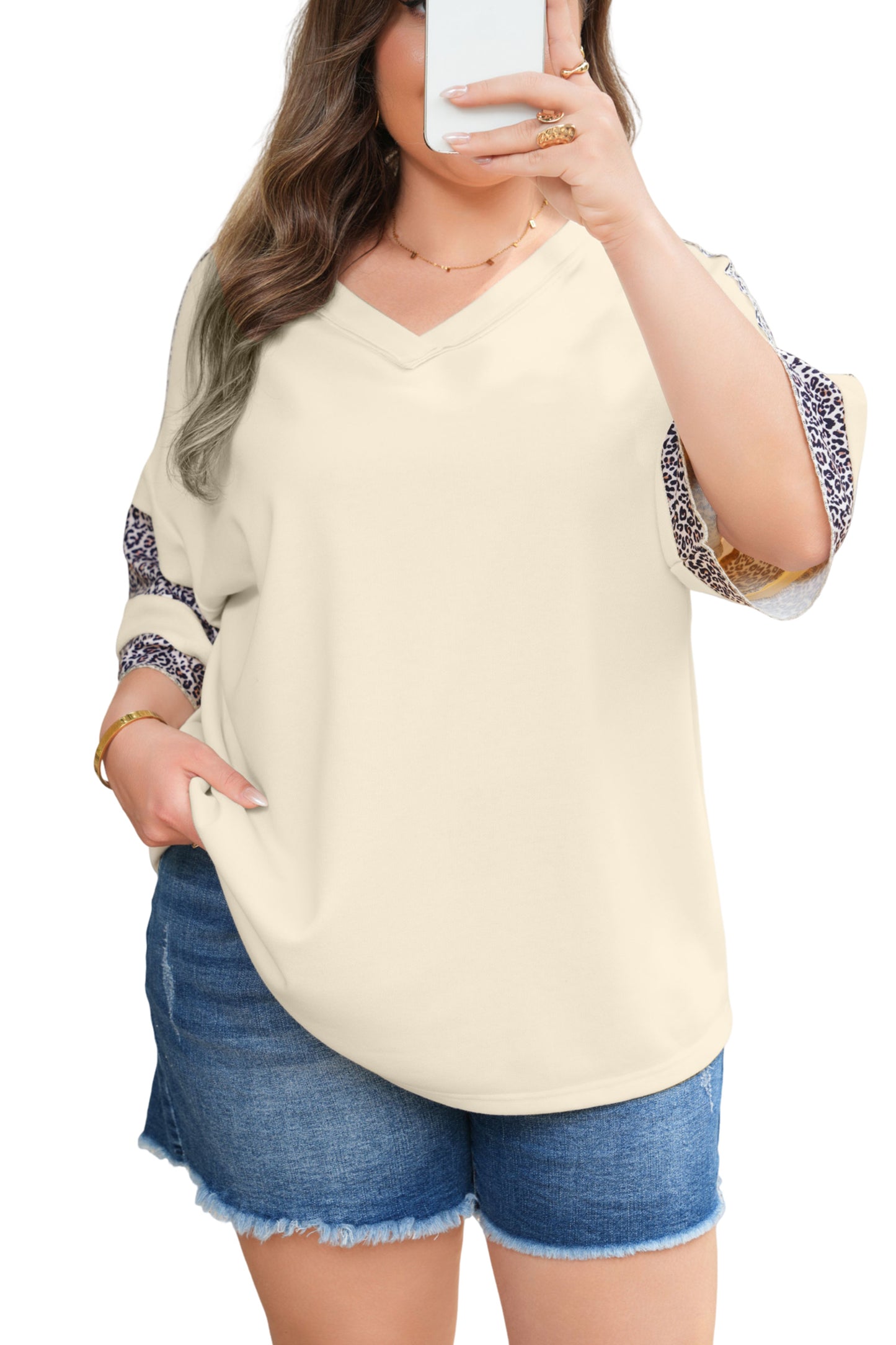 Apricot V Neck Exposed Seam Leopard Color Block Patchwork Half Sleeve Top-Plus Size/Plus Size Tops/Plus Size Tops & Tees-[Adult]-[Female]-2022 Online Blue Zone Planet