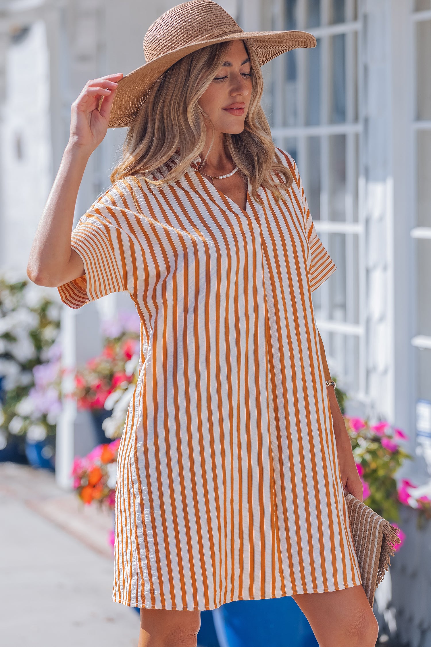 Brown Stripe Pinched V Neck Turn-up Cuffs Shift Mini Dress-TOPS / DRESSES-[Adult]-[Female]-2022 Online Blue Zone Planet