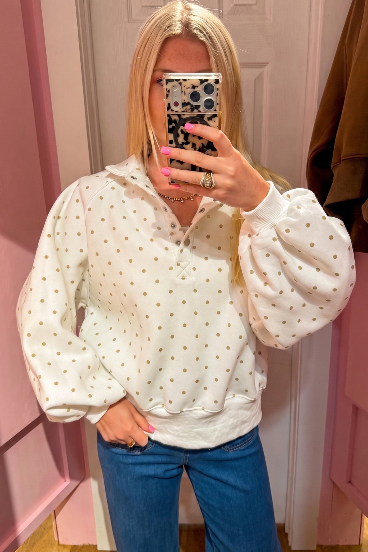 White Polka Dot Print Metal Button Collar Casual Pullover Sweatshirt