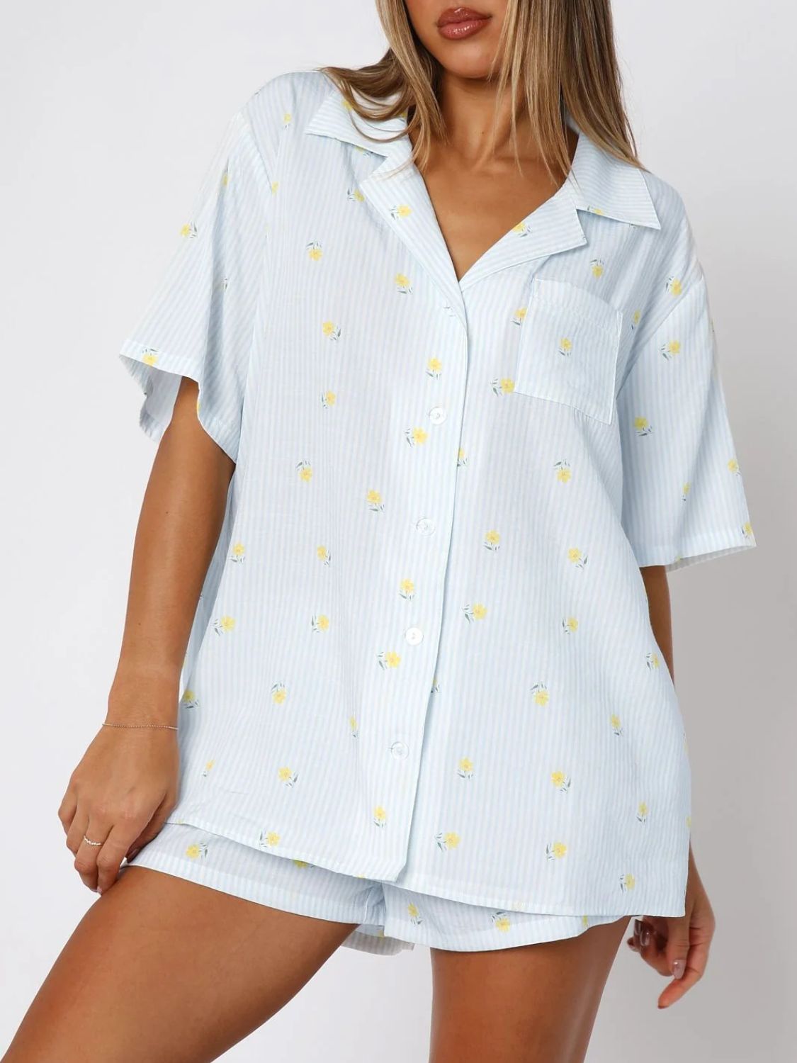 Valentine's Day Printed Collared Neck Short Sleeve Top and Shorts Set-TOPS / DRESSES-[Adult]-[Female]-Blue Light Green-S-2022 Online Blue Zone Planet