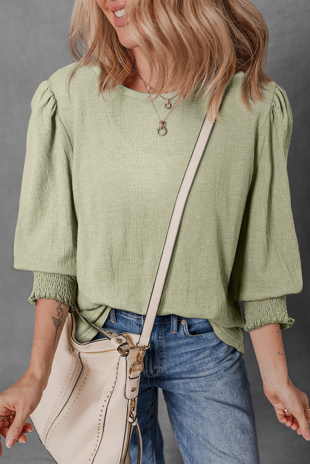 Laurel Green Textured Round Neck Half Sleeve Blouse-Tops/Blouses & Shirts-[Adult]-[Female]-Laurel Green-S-2022 Online Blue Zone Planet