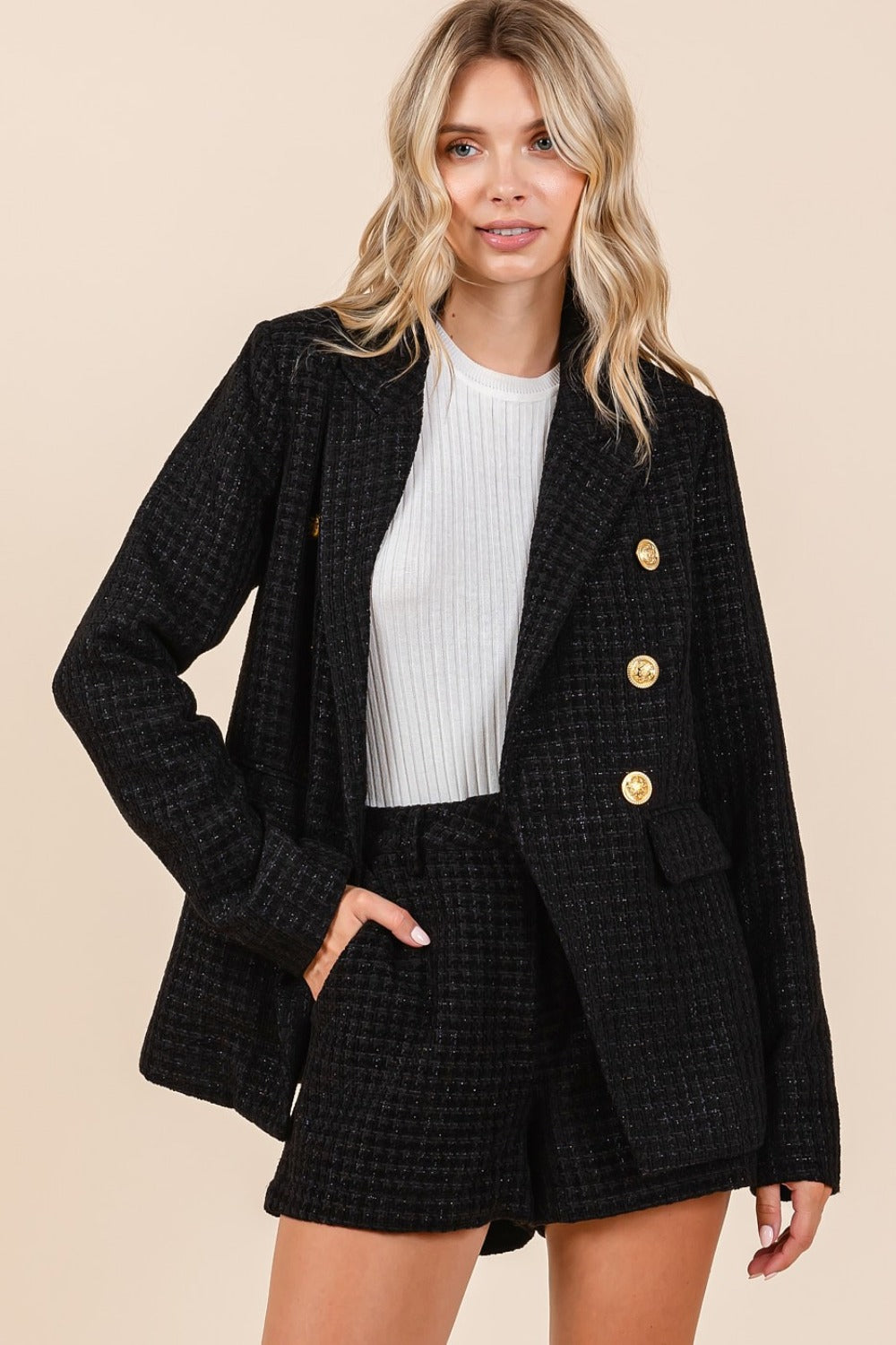 Blue Zone Planet | Mittoshop Plaid Texture Double-Breasted Long Sleeve Blazer-TOPS / DRESSES-[Adult]-[Female]-2022 Online Blue Zone Planet