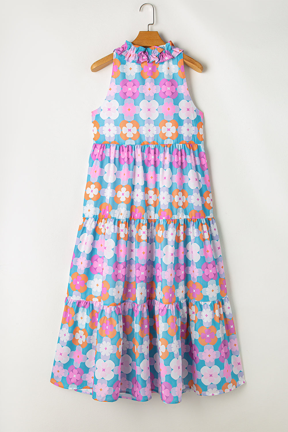 Sky Blue Floral Print Frilly Neck Sleeveless Tiered Maxi Dress-TOPS / DRESSES-[Adult]-[Female]-2022 Online Blue Zone Planet