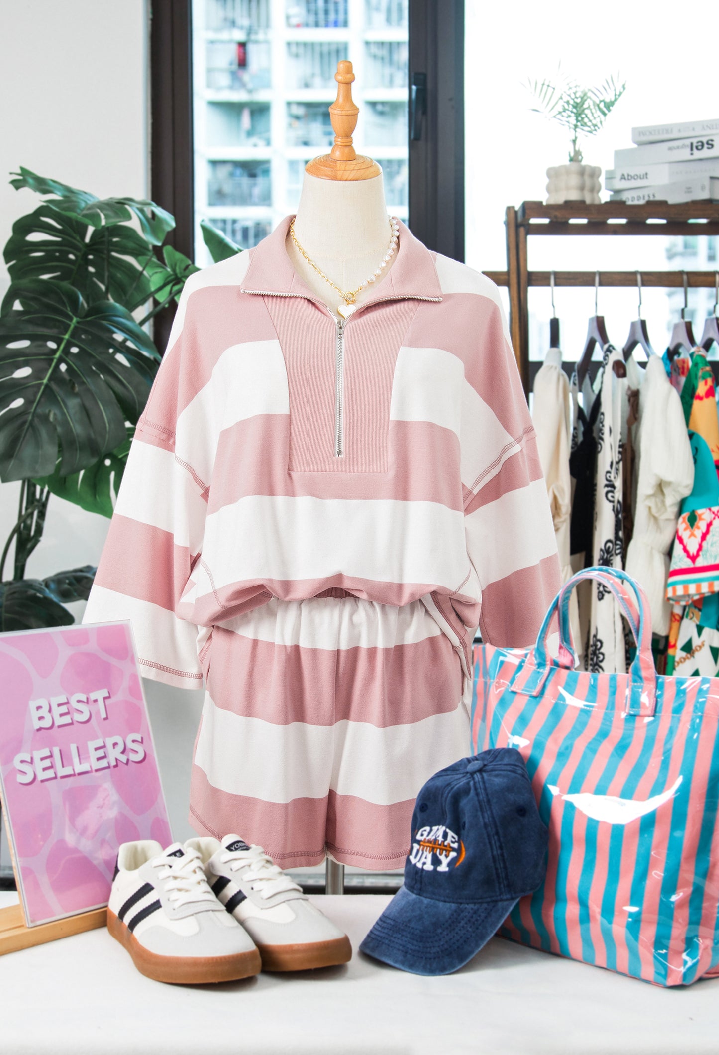 Pink Stripe Half Zip Bracelet Sleeve Top Casual Short Set-Two Piece Sets/Short Sets-[Adult]-[Female]-2022 Online Blue Zone Planet