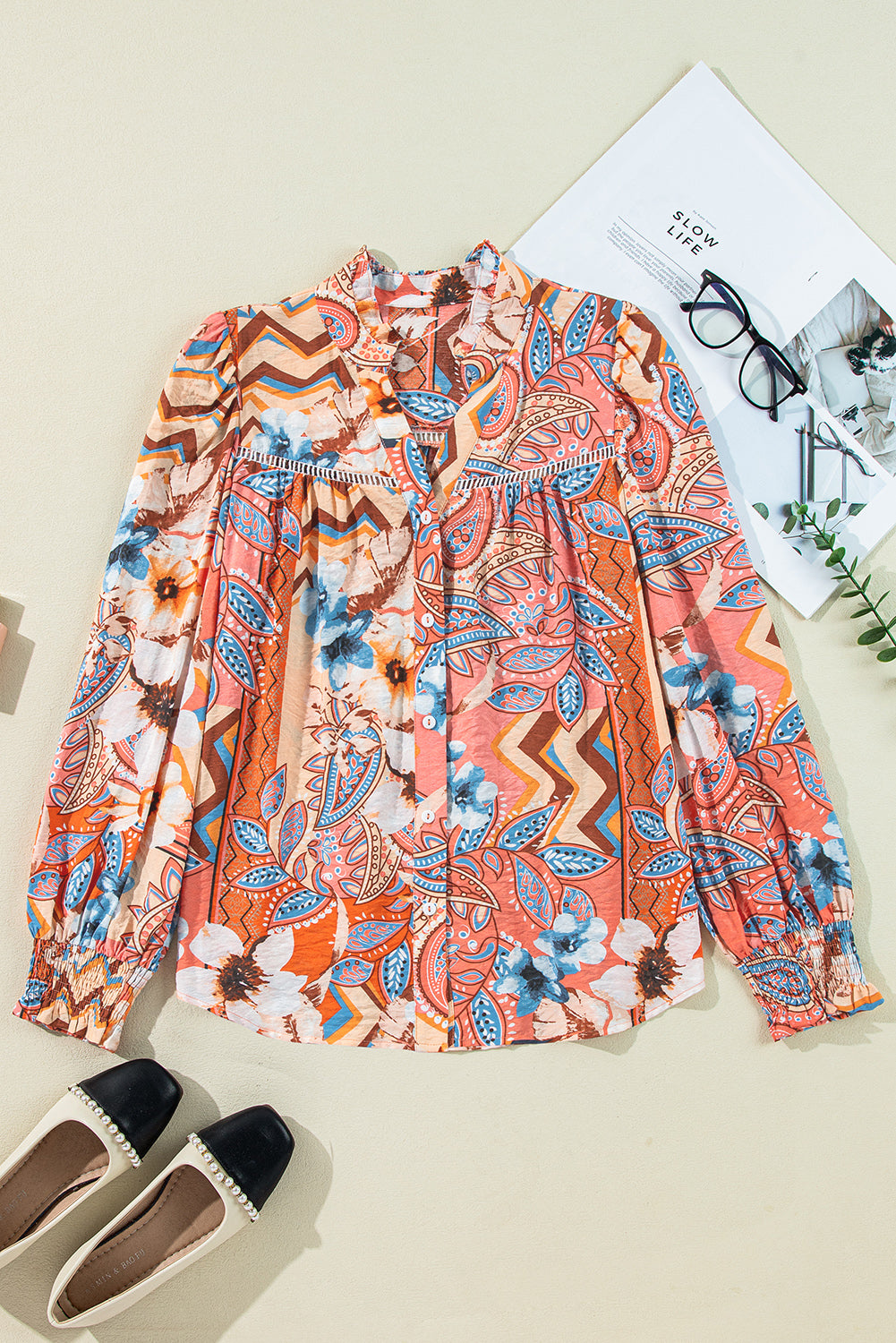 Blue Zone Planet | Orange Floral Print Shirred Cuff Buttoned Loose Shirt-Tops/Blouses & Shirts-[Adult]-[Female]-Orange-S-2022 Online Blue Zone Planet