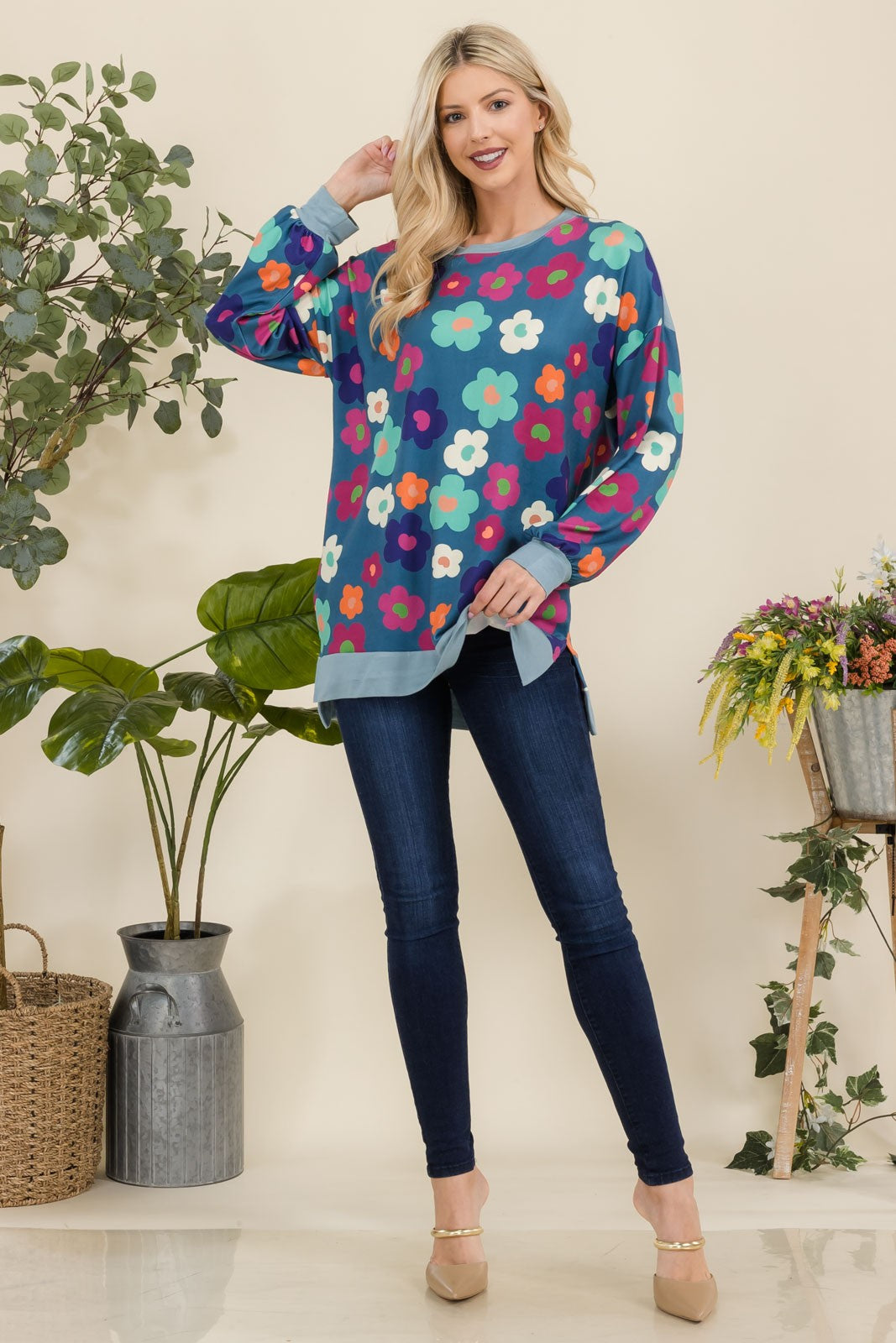 Blue Zone Planet | Celeste Full Size Side Slit Flower Print Long Sleeve Top-TOPS / DRESSES-[Adult]-[Female]-2022 Online Blue Zone Planet