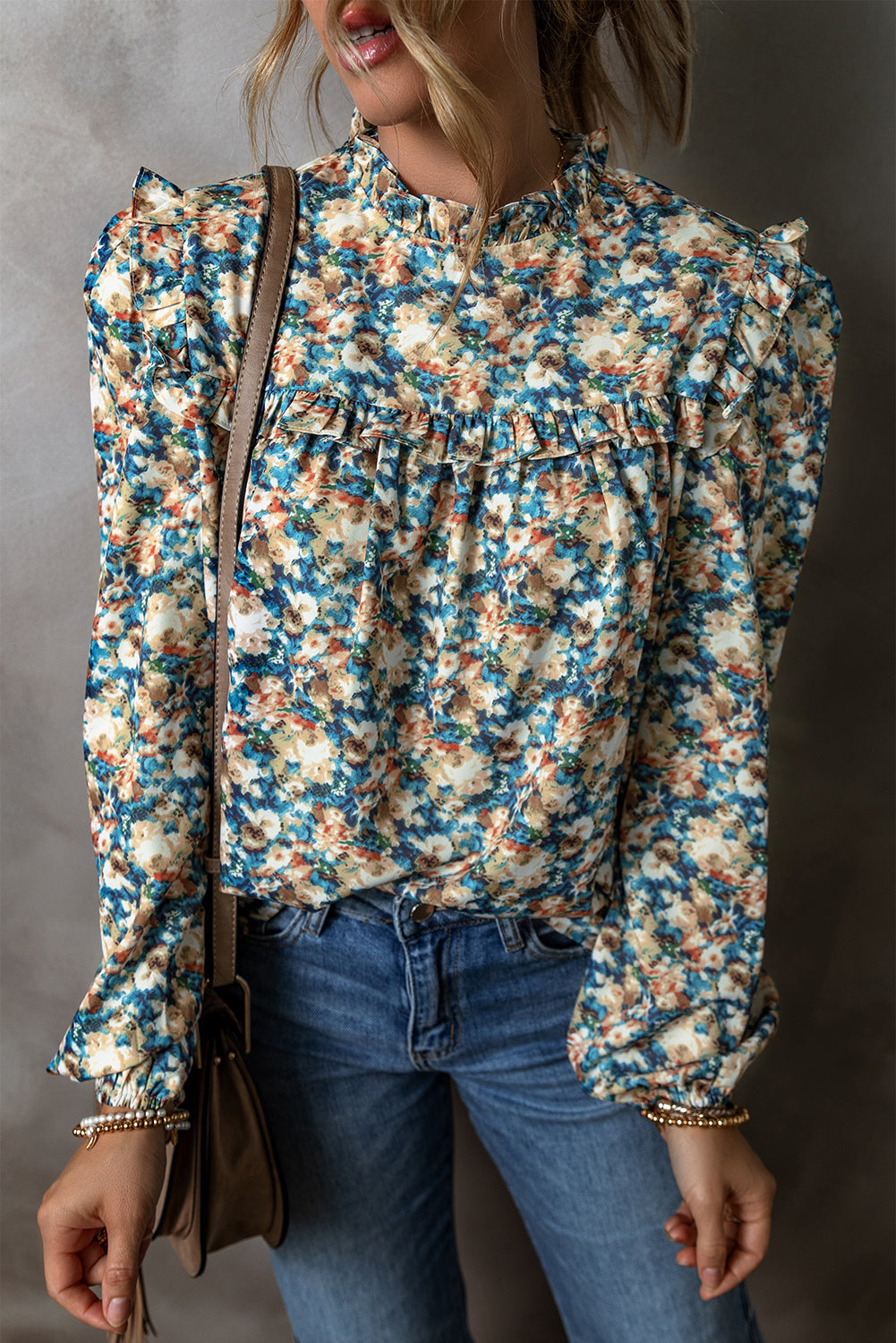 Sky Blue Floral Print Frilled Mock Neck Puff Sleeve Blouse-Tops/Blouses & Shirts-[Adult]-[Female]-2022 Online Blue Zone Planet