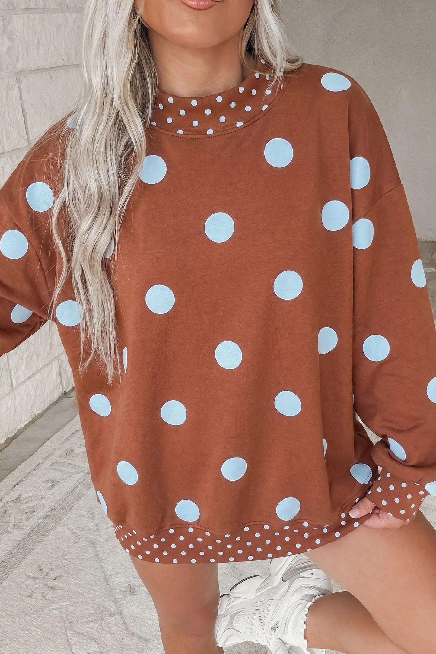 Pink Polka Dot Print Contrast Detail Oversized Tunic Sweatshirt-Tops/Sweatshirts & Hoodies-[Adult]-[Female]-Brown-S-2022 Online Blue Zone Planet