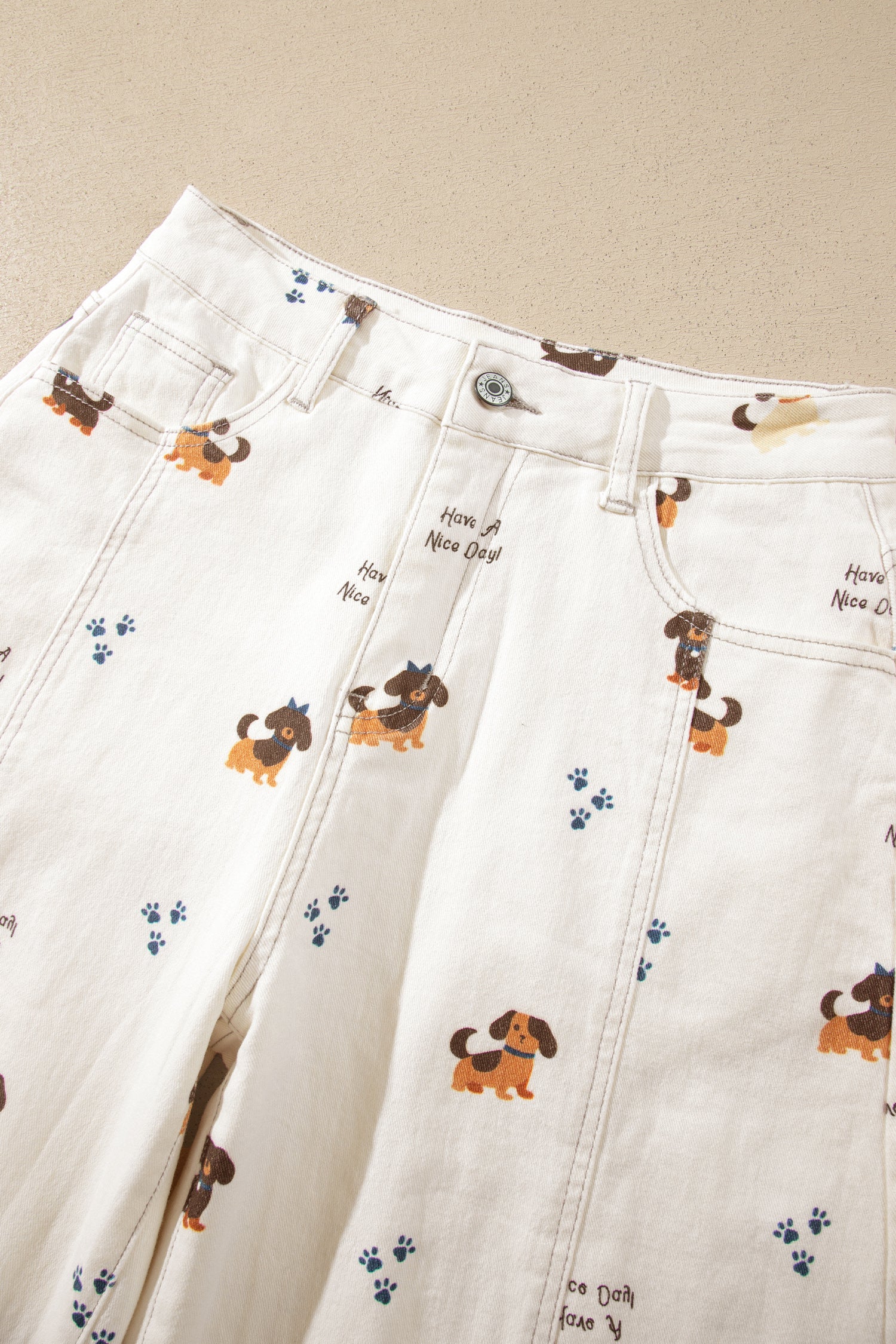 White Abstract Dog Print Wide Leg Full-Length Jeans-Bottoms/Jeans-[Adult]-[Female]-2022 Online Blue Zone Planet
