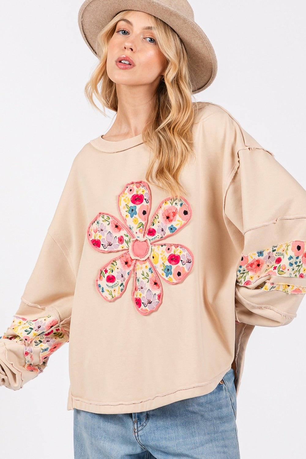 Blue Zone Planet | SAGE + FIG Daisy Patch Applique Long Sleeve Sweatshirt-TOPS / DRESSES-[Adult]-[Female]-2022 Online Blue Zone Planet