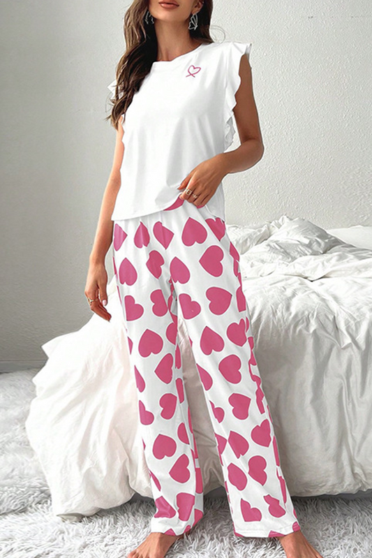 Blue Zone Planet | Red Heart Print Ruffle Sleeveless Top and Pants Valentines Pajama Set-Loungewear Set-[Adult]-[Female]-Pink-M-2022 Online Blue Zone Planet