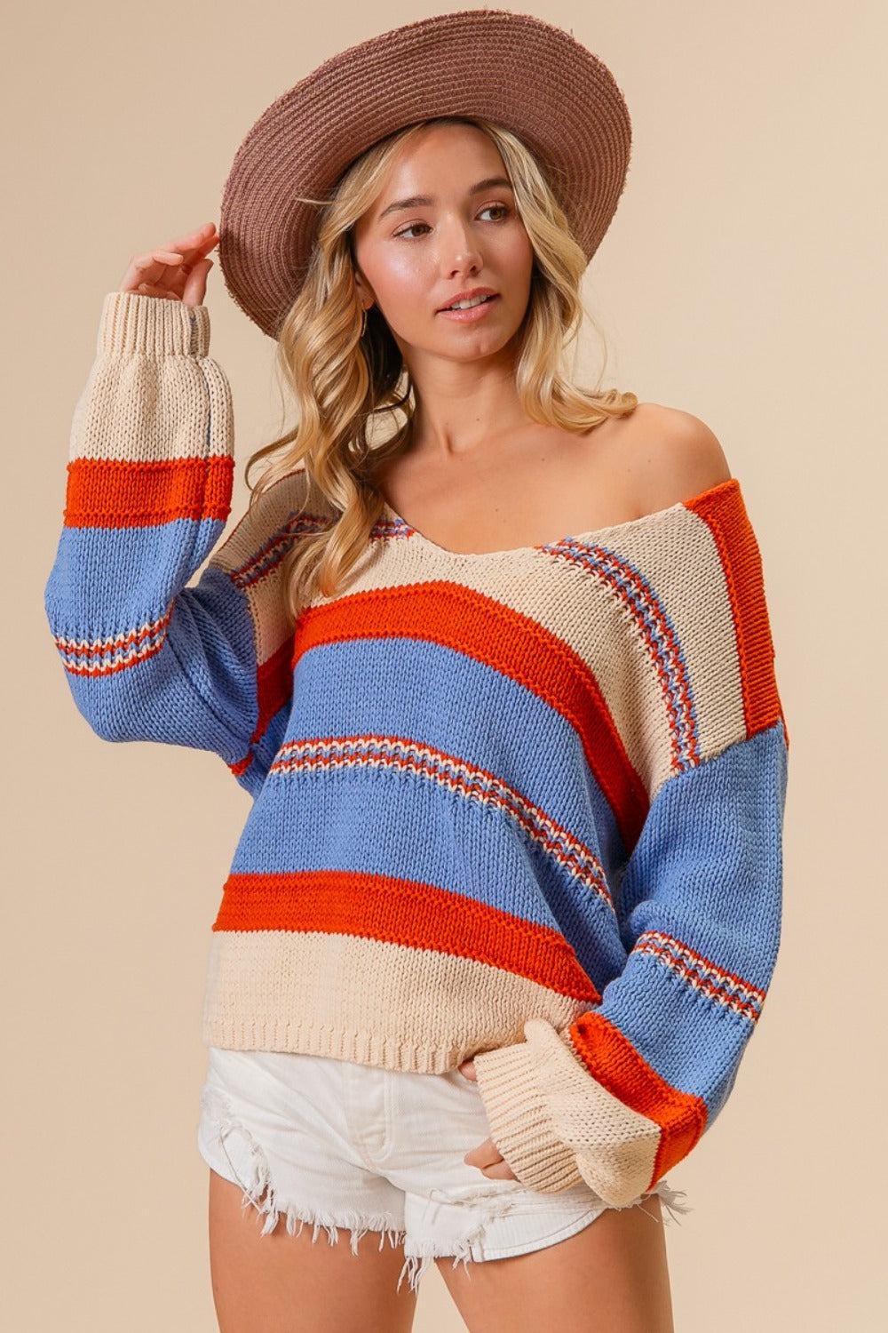 BiBi Multi Color Stripe Scoop Neck Sweater-TOPS / DRESSES-[Adult]-[Female]-Rust/Oatmeal/Blue-S-2022 Online Blue Zone Planet