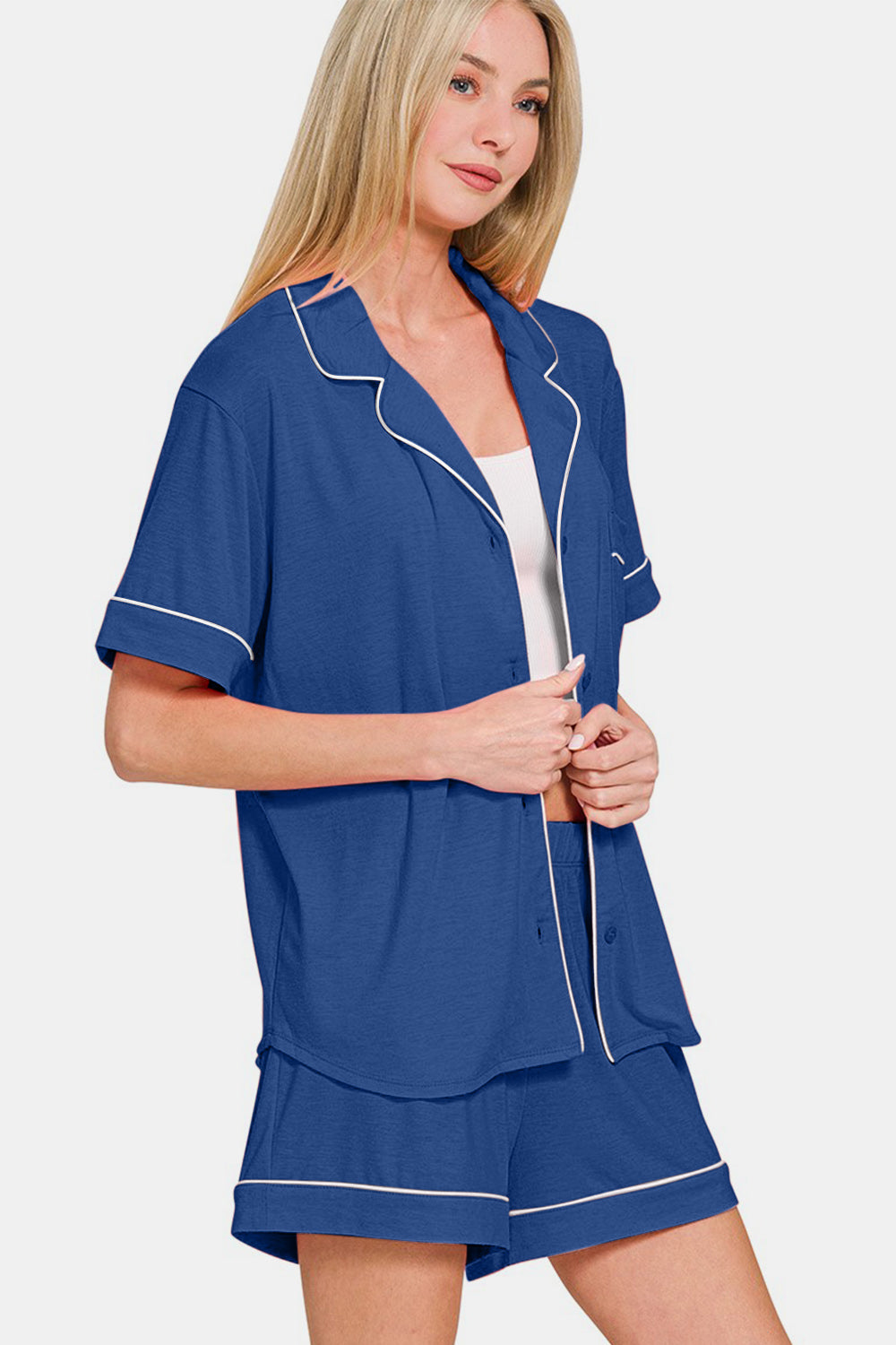 Zenana Button Down Short Sleeve Top and Shorts Lounge Set-TOPS / DRESSES-[Adult]-[Female]-2022 Online Blue Zone Planet