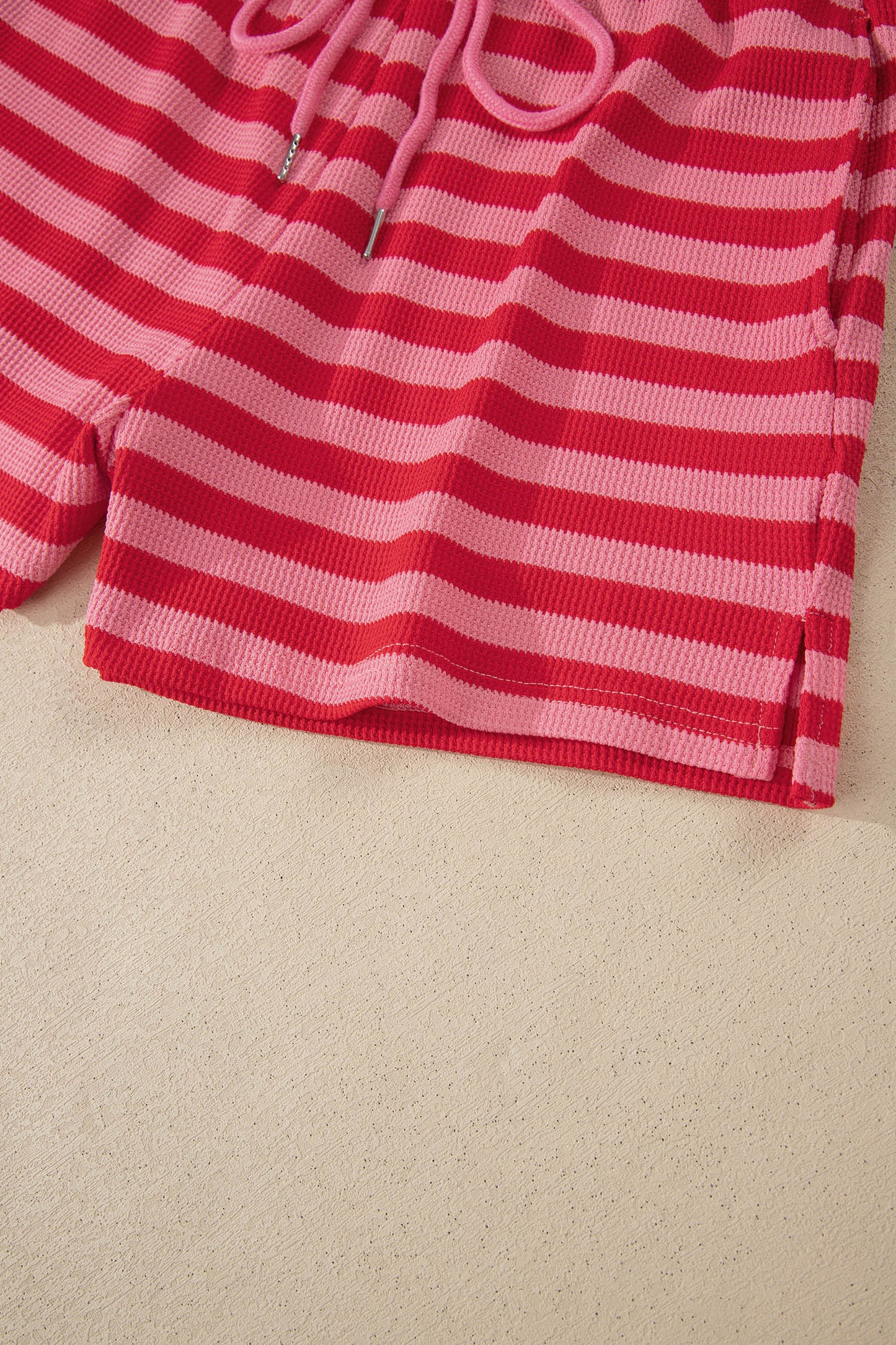 Red Stripe Puff Short Sleeve T Shirt Matching Shorts Set-Two Piece Sets/Short Sets-[Adult]-[Female]-2022 Online Blue Zone Planet